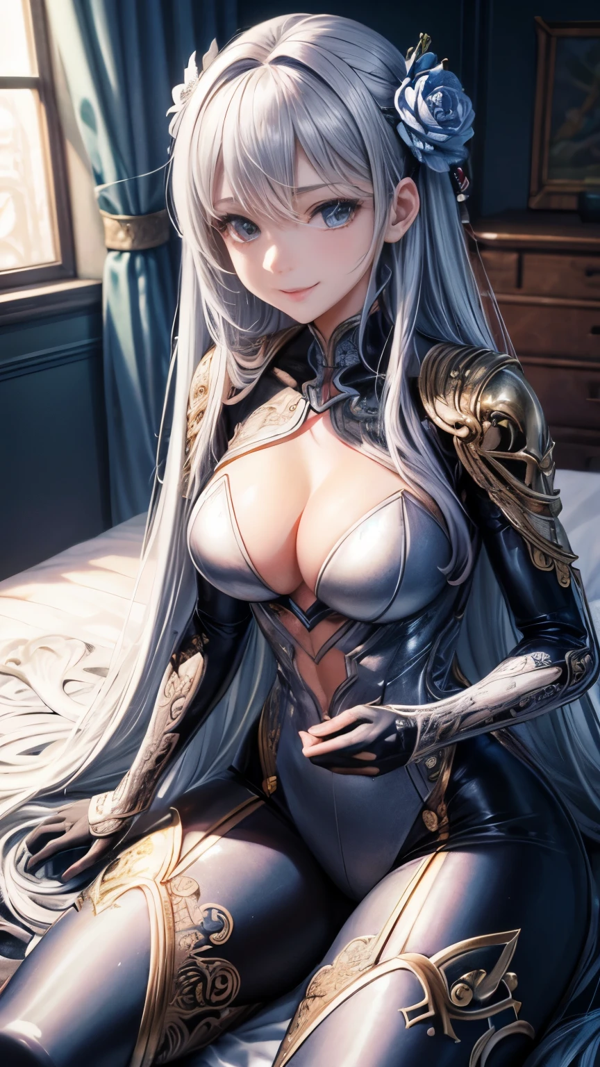 ((top quality)),(Super high resolution),(super detailed),(detailed description),((best anime)),(best work of art),(super precision art),Intricate and detailed science fiction art, tight suit:1.5, cleavage、beautiful eyes、3D rendering、smile、silver hair