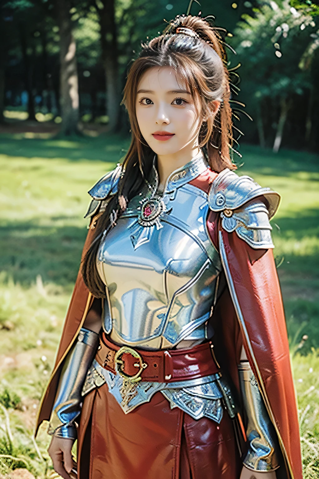 masterpiece,Best quality,A high resolution,8K,Original photo,real photo,Ancient city wall battlefield background,((field:1.8)),digital photography,(Female generals on the battlefield in the Han Dynasty),(((standing on the grass))),18-year-old girl,(long ponytail hairstyle),cparted lips,Full and erect breasts,Noble and charming,Elegant and serious,(Thick metal fish scale armor),Long red cape,The combination of white metal and red leather,Chest covered with gold armor,metallic luster,Leather buckle,Exquisite pattern,mysterious badge,Cool and gorgeouig breasts)),Chest groove,Three Kingdoms character painting style,Photo pose,oc render reflection texture,bright shades,No shadows on the face,charming smile,Head-up shot,