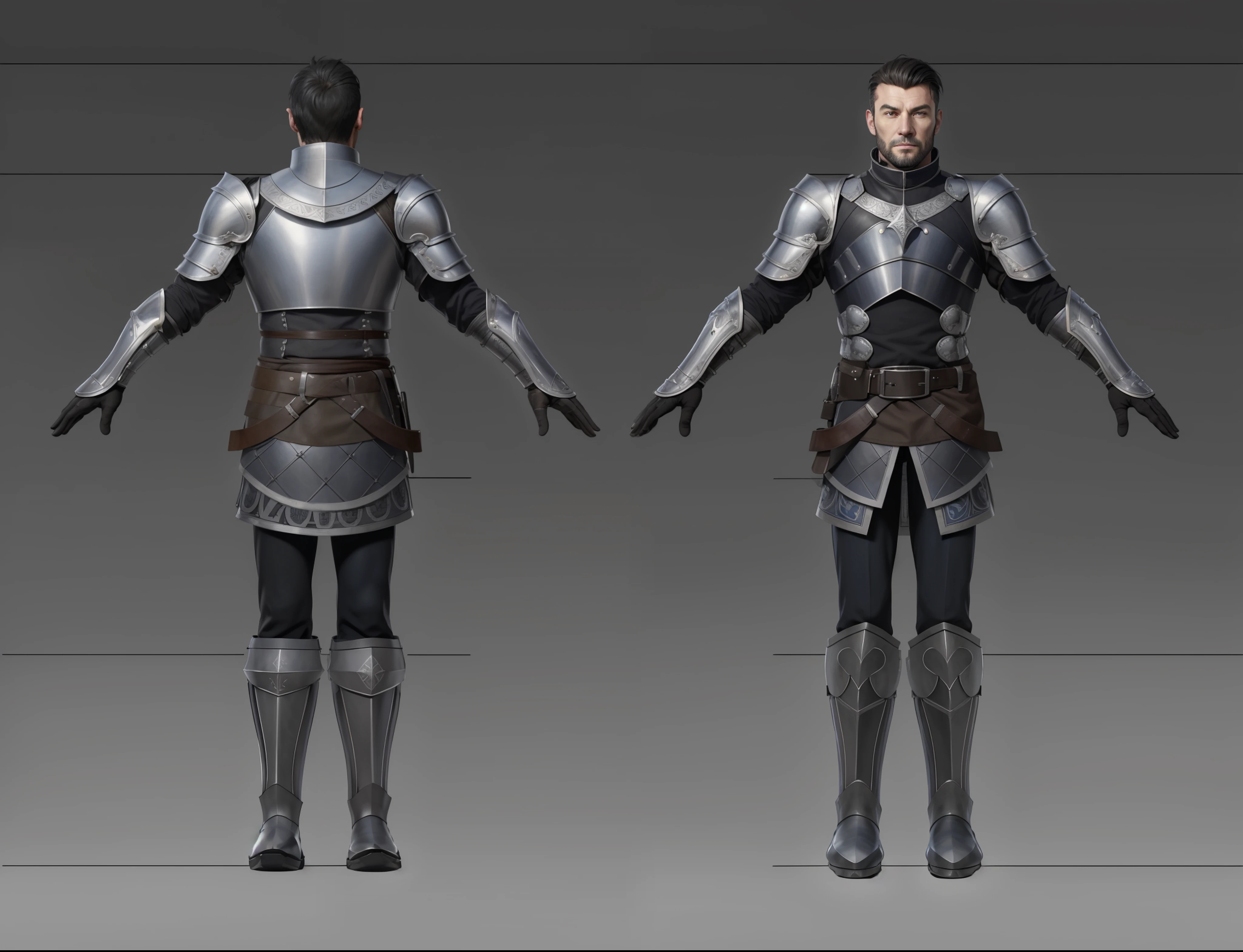 ( Realistic:1.33),(masterpiece:1.1),(highest quality:1.1),(HDR:1) a close up of a man with black leather front and back armor, collar armor, shoulder moonlit armor , full body concept, detailed full body concept, medieval imperial army style character, full body character concept, new costume concept design, full body details, detailed full body concept art, full character body, character model sheet turnaround, fullbody shot turnaround, concept character sheet, full body concept art, reference model sheet , full body concept art, imperial army style character, game character design, concept character, full body character concept art, 3d character reference sheet, male, video game character concept, detailed character design, character sheet, character model sheet turnaround , front and back, front and back, Imperial military cloth, dark costume, medieval blue Gambeson, (leather glove),( moonlit silver boot armor), gambeson, black leather waist belt, moonlit shoulder armor, black leaher chest, grey clean background, 3D character, moonlit silver boot, moonlit armor boot, armor boot , silver boot
