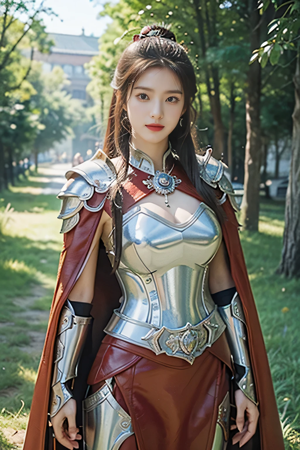 masterpiece，Best quality，A high resolution，8K，Original photo，real photo，Ancient city wall battlefield background,((field：1.8))，digital photography，(Female generals on the battlefield in the Han Dynasty)，(((standing on the grass)))，18-year-old girl，（long ponytail hairstyle)，cparted lips，Full and erect breasts，Noble and charming，Elegant and serious，(Thick metal fish scale armor），Long red cape，The combination of white metal and red leather，Chest covered with gold armor，metallic luster，Leather buckle，Exquisite pattern，mysterious badge，Cool and gorgeouig breasts))，Chest groove，Three Kingdoms character painting style，Photo pose，oc render reflection texture，bright shades，No shadows on the face，charming smile，Head-up shot，