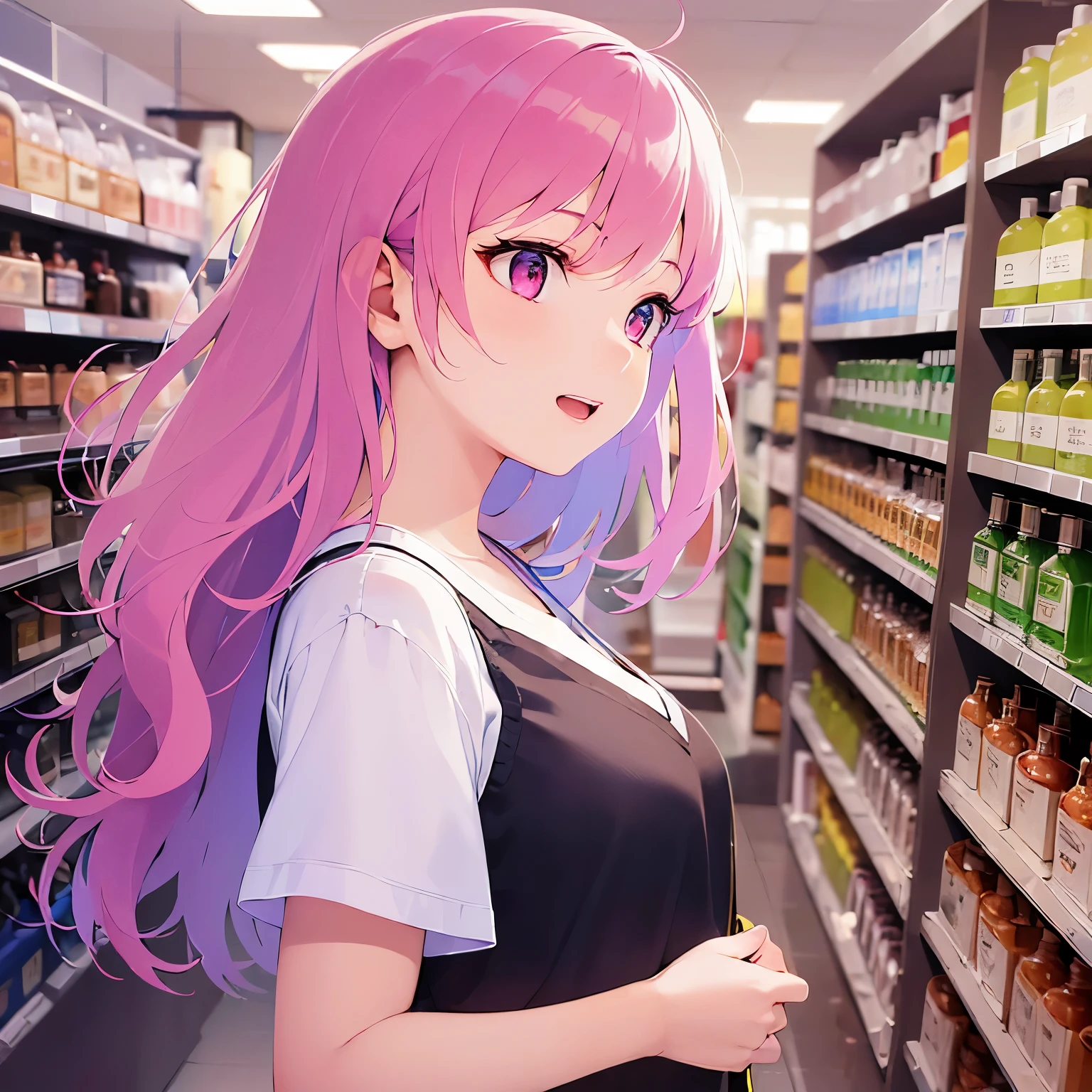 (looking away:1.5), side angle, glamorous, Upper body is shown、Realistic, real person, RAW photo, photorealistic, portrait photography, shiny skin, japanese idol、pink hair、Wavy medium hair with bangs、20 year old woman with pink eyes、wearing a white T-shirt、smile、open mouth, Alone、Are standing、The background is a liquor store