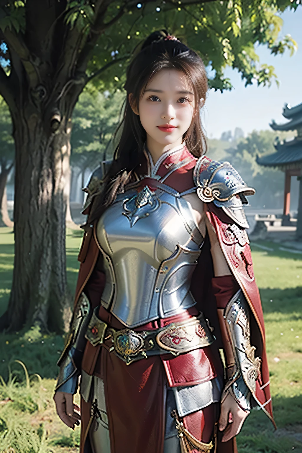 masterpiece,Best quality,A high resolution,8K,Original photo,real photo,Ancient city wall battlefield background,((field:1.8)),digital photography,(Female generals on the battlefield in the Han Dynasty),(((standing on the grass))),18-year-old girl,(long ponytail hairstyle),cparted lips,Full and erect breasts,Noble and charming,Elegant and serious,(Thick metal fish scale armor),Long red cape,The combination of white metal and red leather,Chest covered with gold armor,metallic luster,Leather buckle,Exquisite pattern,mysterious badge,Cool and gorgeouig breasts)),Chest groove,Three Kingdoms character painting style,Photo pose,oc render reflection texture,bright shades,No shadows on the face,charming smile,Head-up shot,