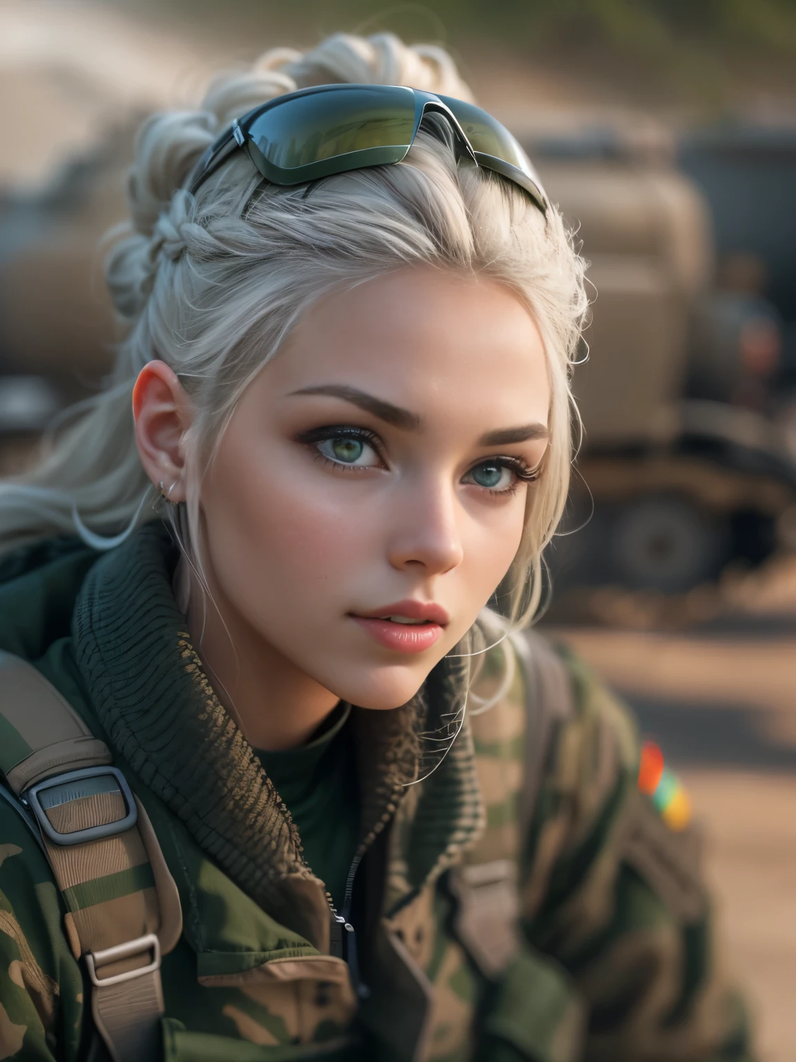 photorealistic, high resolution, 1 beautiful female, beautiful amber eyes, french braided white hair, excited look, green military fashion, dynamic pose, background military base camp, dramatic, chromatic aberration.