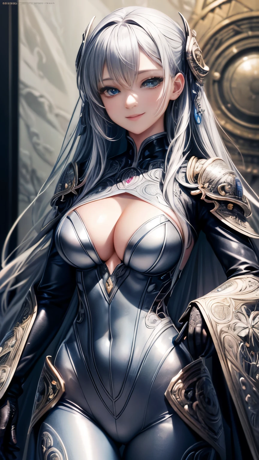((top quality)),(Super high resolution),(super detailed),(detailed description),((best anime)),(best work of art),(super precision art),Intricate and detailed science fiction art, tight suit:1.5, cleavage、beautiful eyes、3D rendering、smile、silver hair
