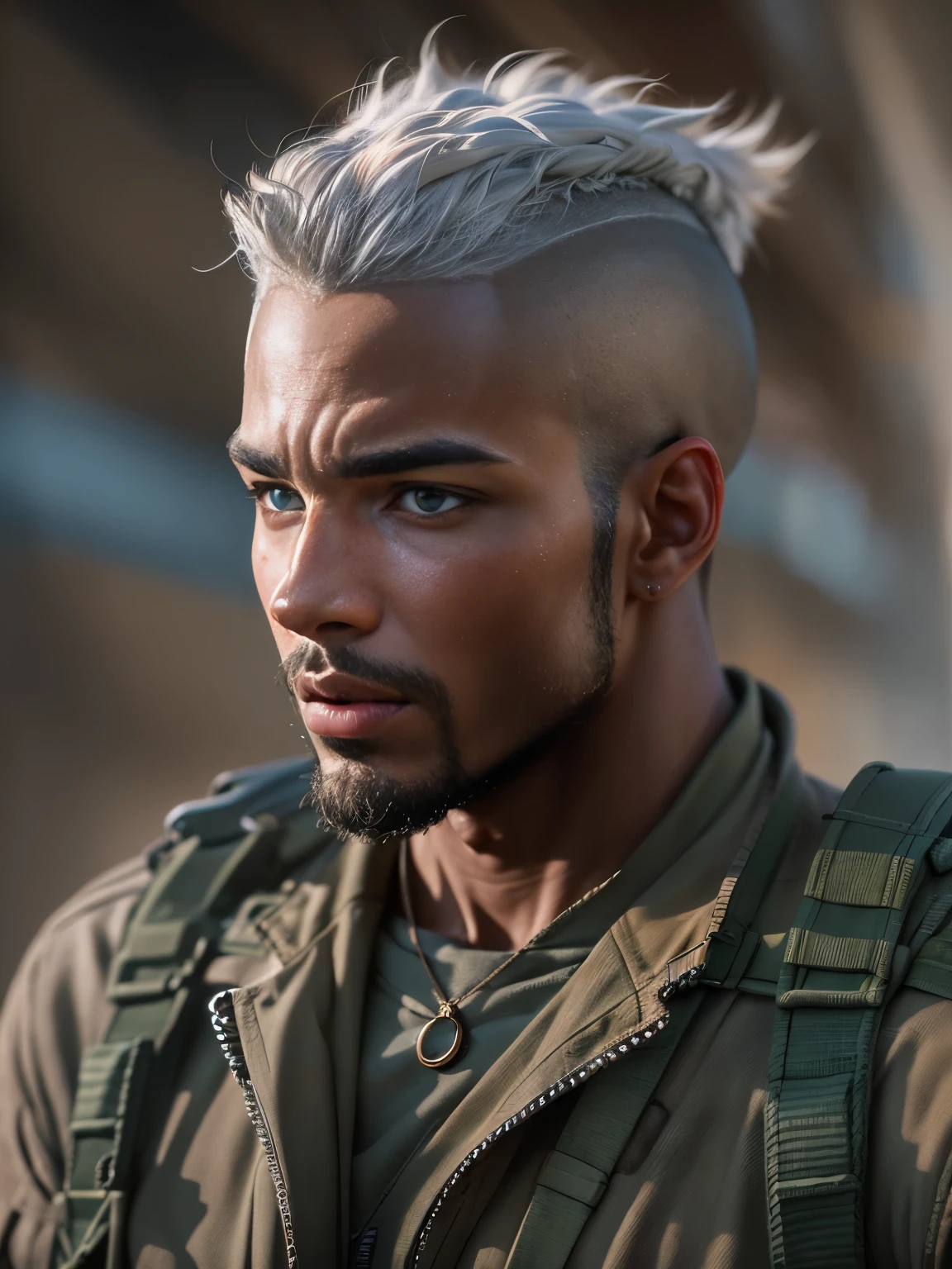photorealistic, high resolution, 1 rugged african male, blue eyes, buzz cut white hair, excitement look, green military fashion, dynamic pose, background military base camp, dramatic, chromatic aberration.
