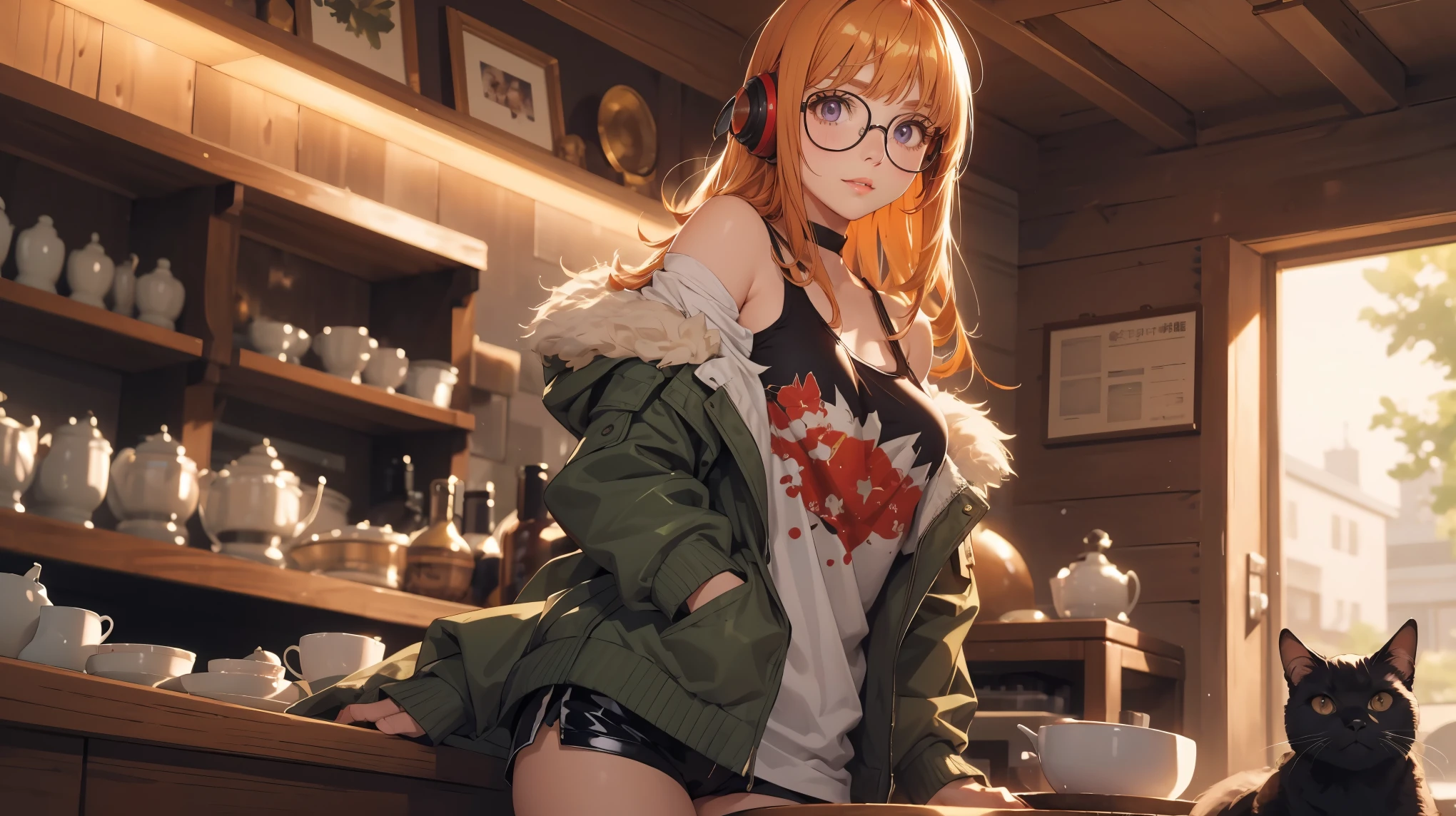 masutepiece, Best Quality, hight resolution, 1girl in, futaba sakura, Blunt bangs, eye glassesの,purple eyes、紫色の瞳 , Ahoge,orange color hair、  eye glassesの, headphones,  bura, Jacket, off shoulders, Fur trim, fur-trimmed jacket, Green jacket, Shorts, ,the golden hour,A smile that showed teeth、1black cat、tea shop、On the counter、Coffee、futaba sakura、Purple eyes、orange color hair、eye glasses、,​masterpiece、top-quality、Official art、illustratio、ligne claire、(Cool_Color)、perfect-composition、focal、acurate, Anatomically correct、 、hight resolution, Beautiful detailed glow, masutepiece*Portrait, 3D Face, Realistic, (masutepiece: 1.3), (max resolution: 1.2), (Ultra HDTV: 1.2), cinematric light, 8K resolution, phi ,​masterpiece、top-quality、Ultra Detail、(((shiny lips: 1.4)))Beautiful face, acurate, Anatomically correct, phiAlways detailed face and skin texture, Detailed eyes, Double eyelids, tThin eyebrows、 pale skin, Lustrous skin all over the body, Perfect face,Always detailed face and skin texture, Detailed eyes, Double eyelids, Thin eyebrows,Natural cheeks, Glossy skin, Fair skin: 1.2, (Glossy lips: 1.4), (((最高にbeautiful a girl)))、(((beautiful a girl)))、（little blush）、（Beautiful face）、
Delicate and beautiful hair, Delicate and beautiful eyes and face, (Beautiful gorgeous cute western woman:1.3),)(((Very Beautiful face))))(((long lashes))))(((Circular twinkling eyes)))(((Glossy and glossy lips)))
(((Cheeks with a slight reddish tinge:0.8)))(((Neat and straight nose bridge)))、(((Cowboy Shot)))crouching cowgirl,