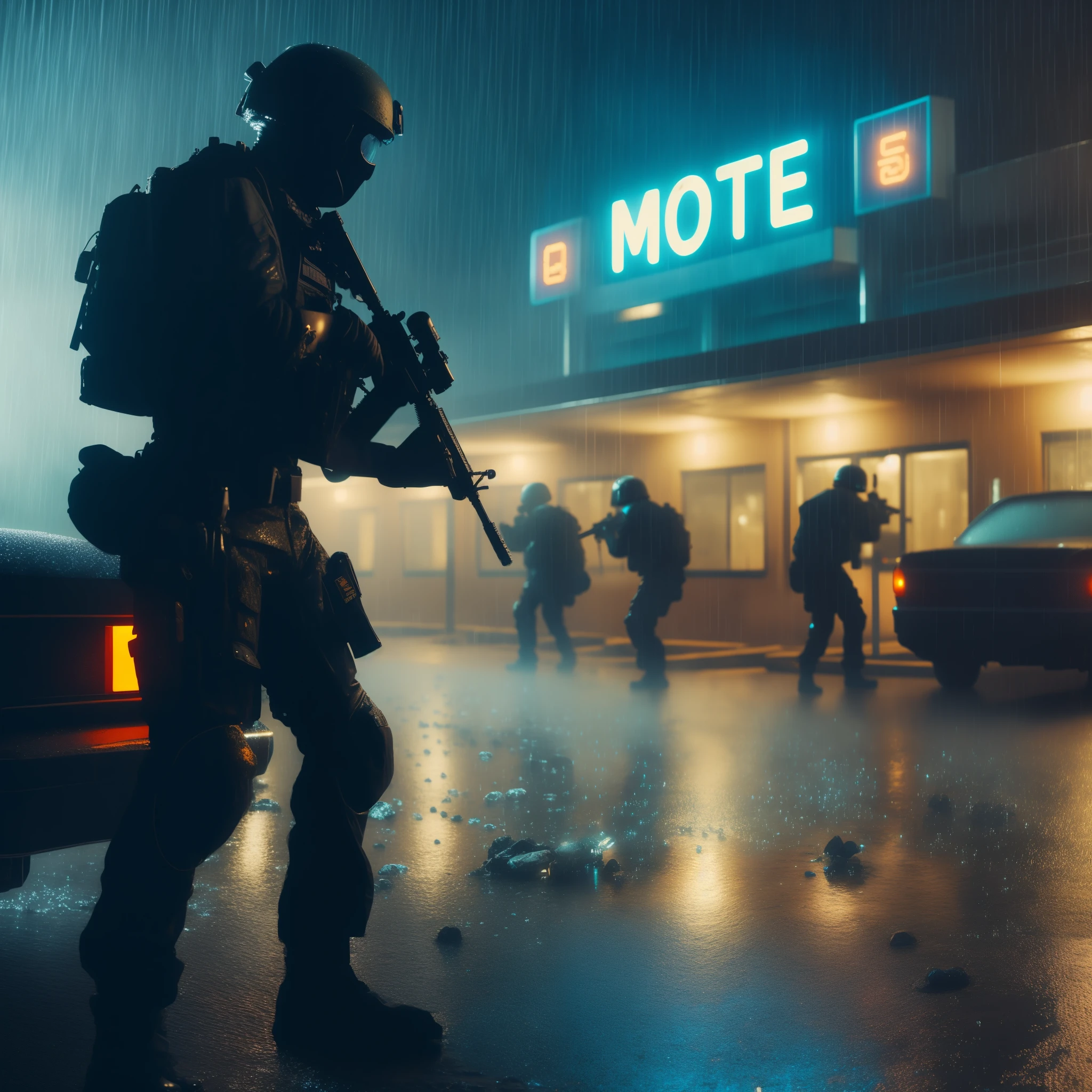 soldiers in uniform stand in the rain outside a motel, movie still 8 k, artem demura beeple, cinematic beeple, detailed cinematic photography, 8 k movie still, cinematic matte illustration, dan mumford. 8 k octane render, beeple. octane render, wojtek fus, stunning moody cinematography, greg rutkowski. cinematic