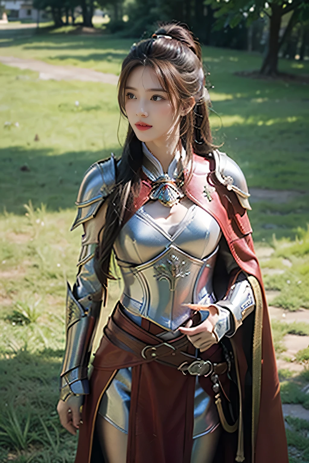 masterpiece,Best quality,A high resolution,8K,Original photo,real photo,Ancient city wall battlefield background,((field:1.8)),digital photography,(Female generals on the battlefield in the Han Dynasty),(((standing on the grass))),18-year-old girl,(long ponytail hairstyle),cparted lips,Full and erect breasts,Noble and charming,Elegant and serious,(Heavy metal armor),Long red cape,The combination of white metal and red leather,Chest covered with gold armor,metallic luster,Leather buckle,Exquisite pattern,mysterious badge,Cool and gorgeouig breasts)),Chest groove,Three Kingdoms character painting style,Photo pose,oc render reflection texture,bright shades,No shadows on the face,Smile,Head-up shot,