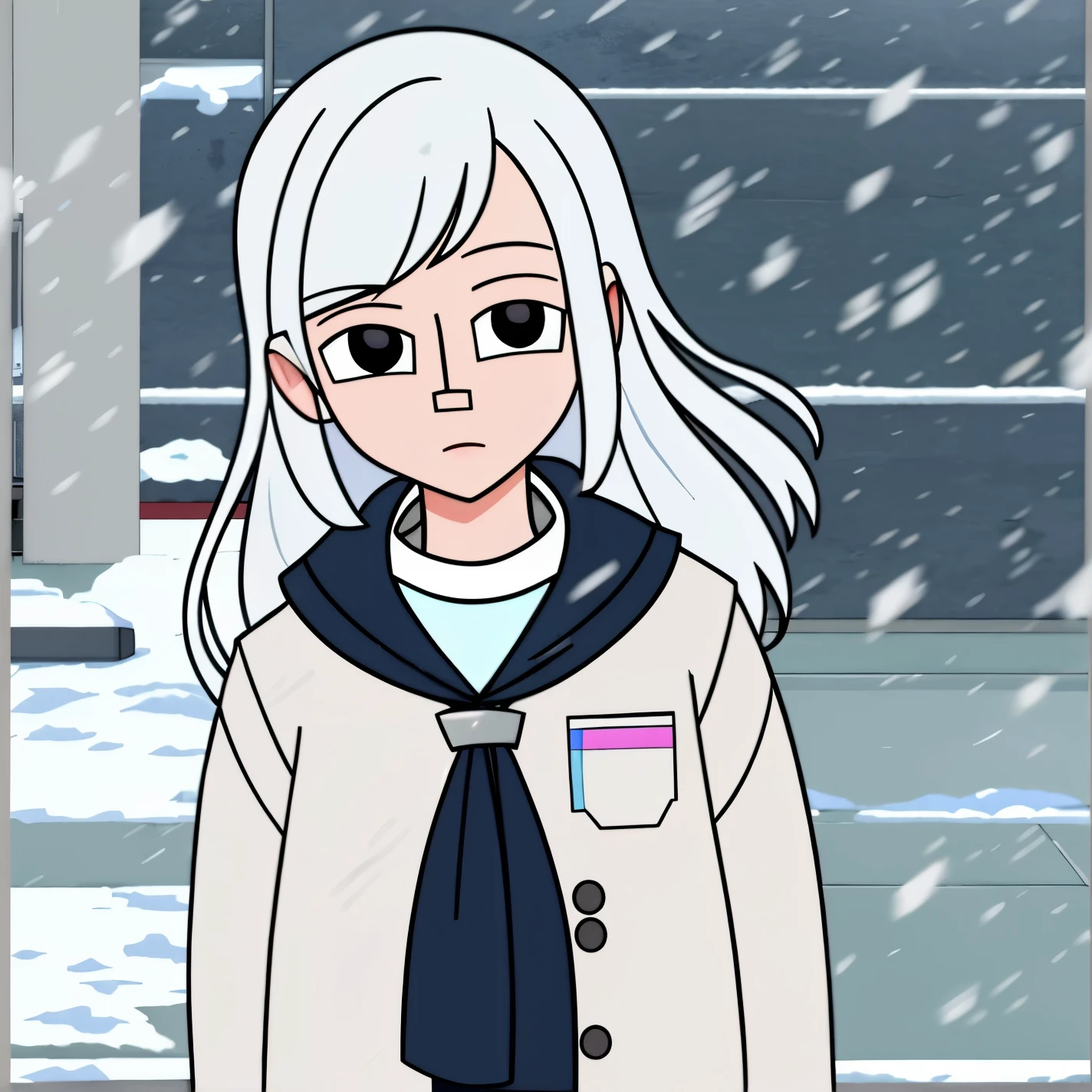 1girl,solo,white hair,school uniform,looking at viewer,snowing,snow
