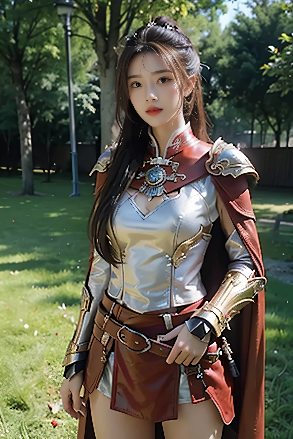 masterpiece，Best quality，A high resolution，8K，Original photo，real photo，Ancient city wall battlefield background,((field：1.8))，digital photography，(Female generals on the battlefield in the Han Dynasty)，(((standing on the grass)))，18-year-old girl，（long ponytail hairstyle)，cparted lips，Full and erect breasts，Noble and charming，Elegant and serious，(Heavy metal armor），Long red cape，The combination of white metal and red leather，Chest gold armor，metallic luster，Leather buckle，Exquisite pattern，mysterious badge，Cool and gorgeouig breasts))，Chest groove，Three Kingdoms character painting style，Photo pose，oc render reflection texture，bright shades，No shadows on the face，Smile，Head-up shot，
