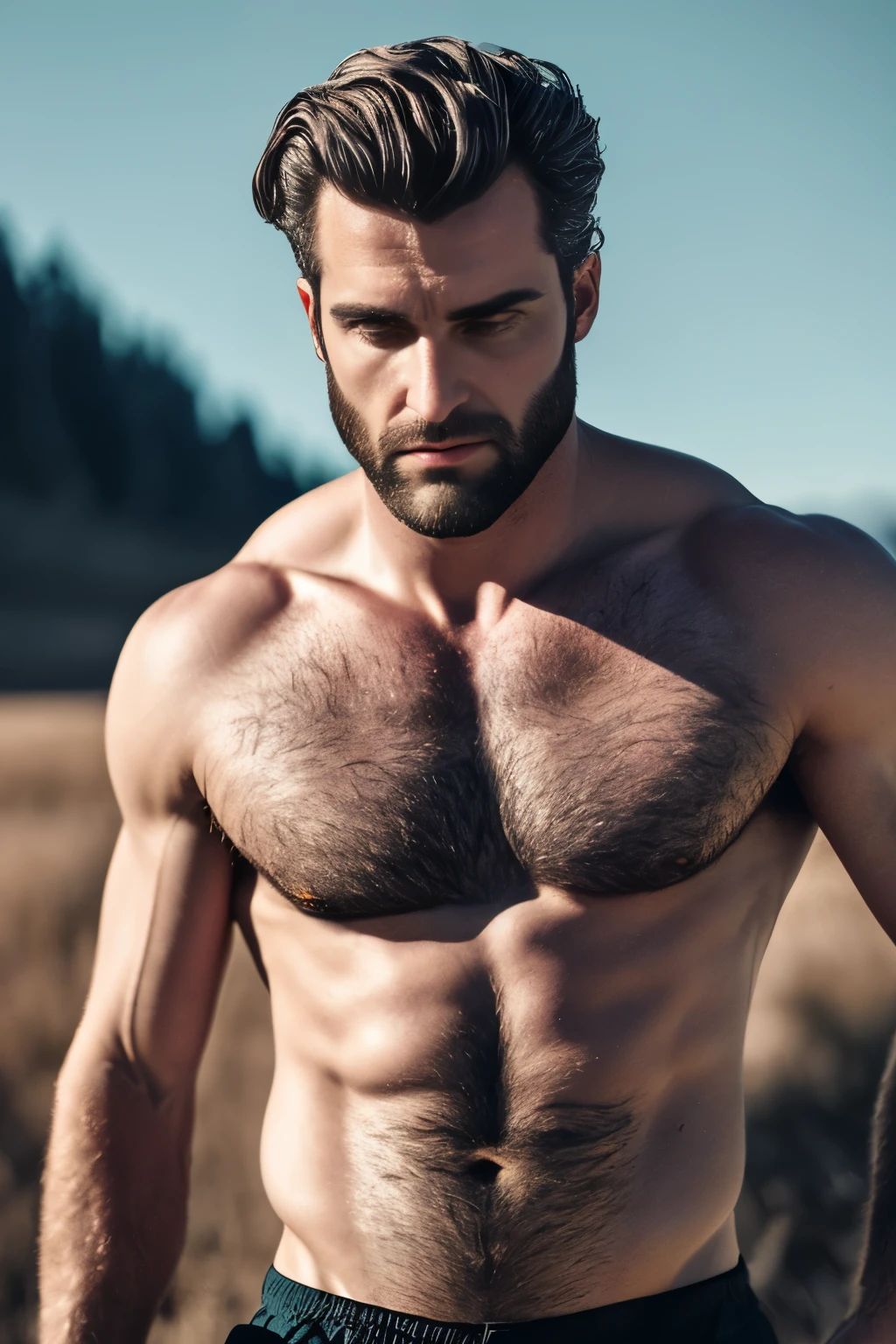 (masterpiece, best quality, hyperrealistic, cinematic photo), Tall werewolf body, head of a handsome man, standing, (upper body shot), grey hair, perfect face, perfect hands, perfect anatomy, hairy chest, (blured background), modern style, aereal view, (8k, epic composition, photorealistic, sharp focus), sophisticated background, country roads, dawn, dawn illumination, nostalgic filtre, DSLR, foil grain