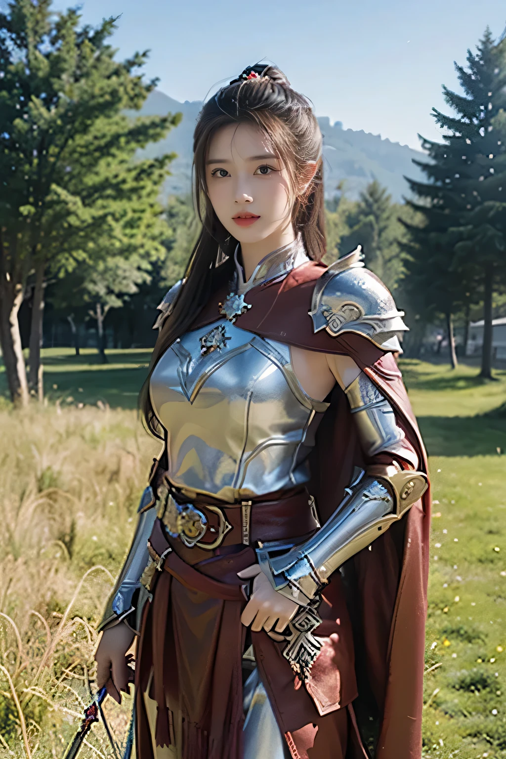 masterpiece，Best quality，A high resolution，8K，Original photo，real photo，Ancient city wall battlefield background,((field：1.8))，digital photography，(Female generals on the battlefield in the Han Dynasty)，(((standing on the grass)))，18-year-old girl，（long ponytail hairstyle)，cparted lips，Full and erect breasts，Noble and charming，Elegant and serious，(Heavy metal armor），Long red cape，The combination of white metal and red leather，Chest gold armor，metallic luster，Leather buckle，Exquisite pattern，mysterious badge，Cool and gorgeouig breasts))，Chest groove，Three Kingdoms character painting style，Photo pose，oc render reflection texture，bright shades，No shadows on the face，Smile，Head-up shot，