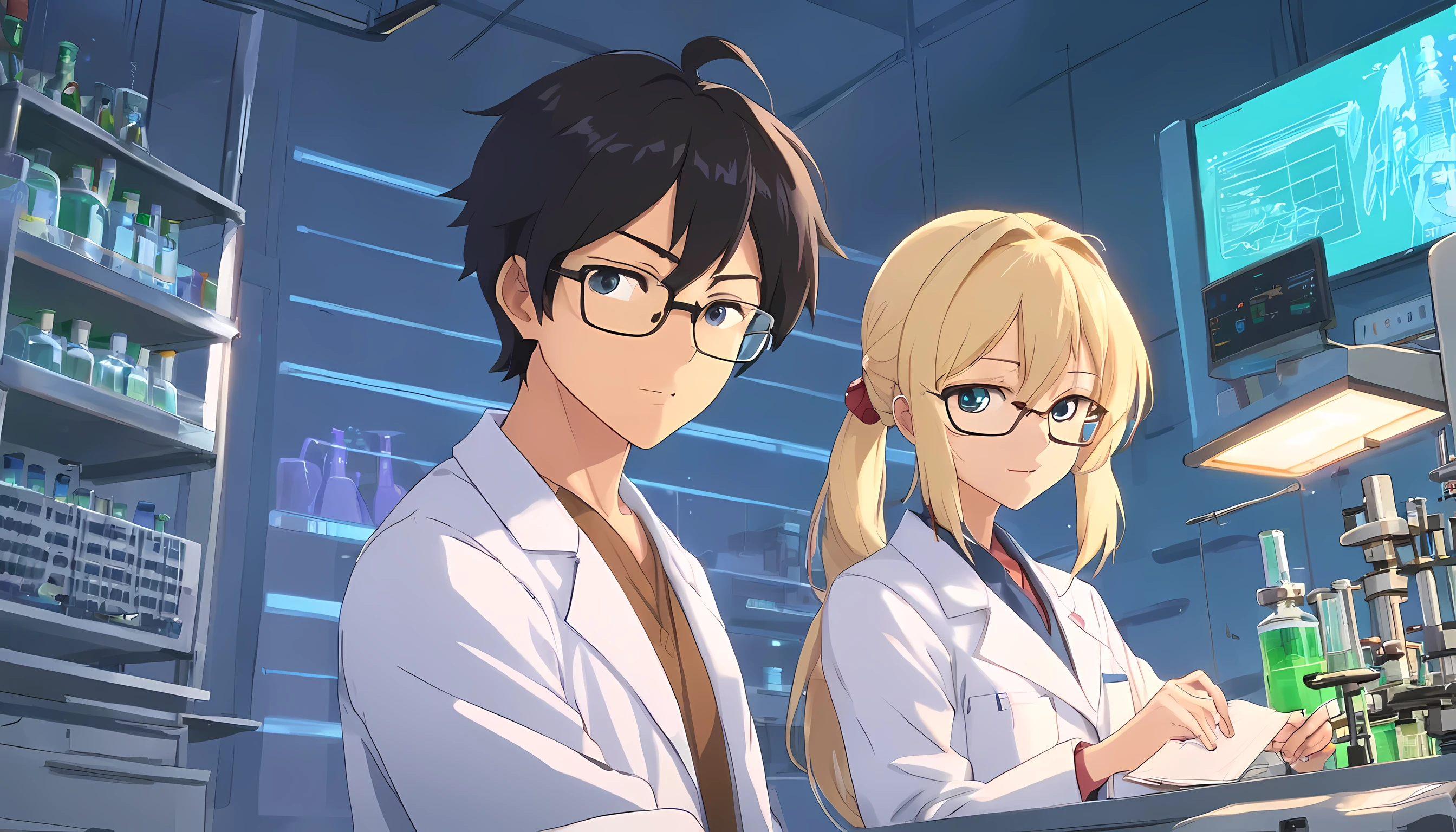 2 people (1 man wearing labcoat and glasses (genius man, black hair, short hair) doing research about nuclear fusion in a laboratory with 1 canadian school girl (blonde hair, long hair, twintail), in laboratory), detailed face, detailed eyes, detailed outfit, the background is in scientific laboratory, half-body illustration