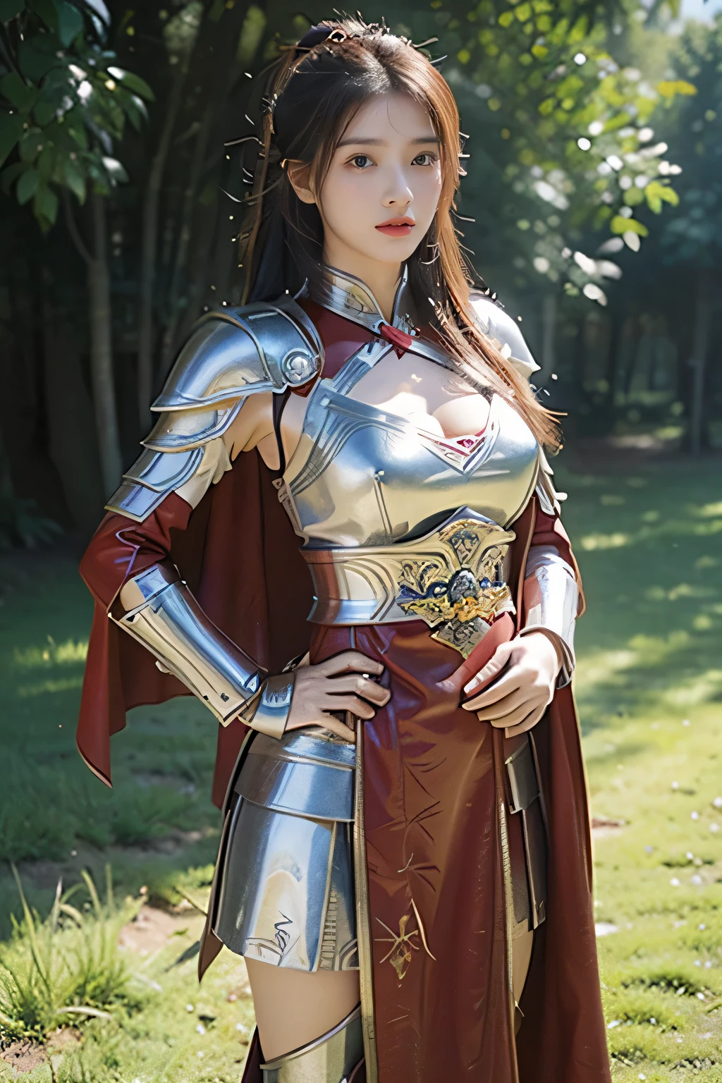 masterpiece，Best quality，A high resolution，8K，Original photo，real photo，Ancient city wall battlefield background,((field：1.8))，digital photography，(Female generals on the battlefield in the Han Dynasty)，(((standing on the grass)))，18-year-old girl，（long ponytail hairstyle)，cparted lips，Full and erect breasts，Noble and charming，Elegant and serious，(Heavy metal armor），Long red cape，The combination of white metal and red leather，Chest gold armor，metallic luster，Leather buckle，Exquisite pattern，mysterious badge，Cool and gorgeouig breasts))，Chest groove，Three Kingdoms character painting style，Photo pose，oc render reflection texture，bright shades，No shadows on the face，Smile，Head-up shot，