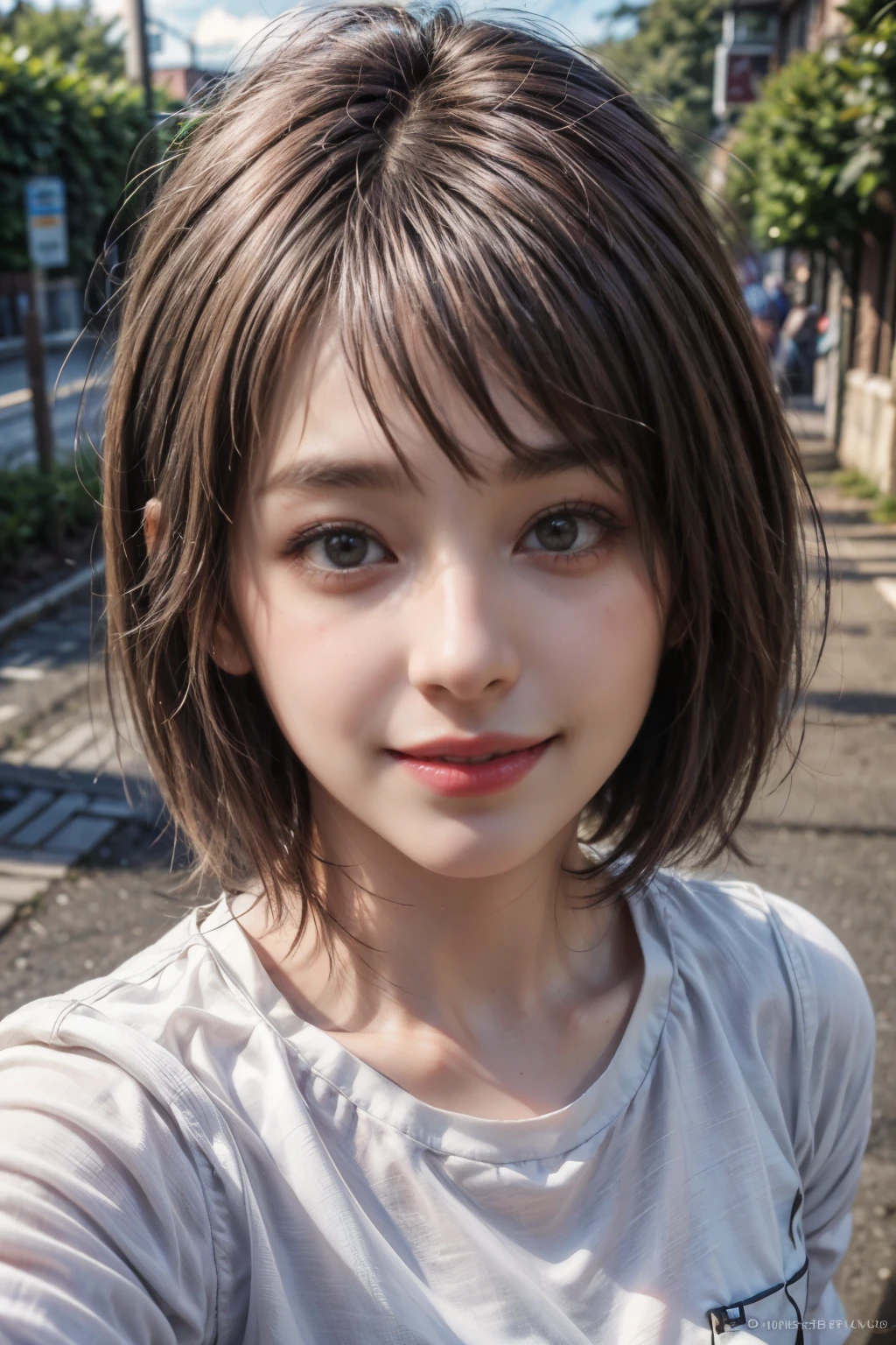 very detailed eyes, very detailed face, highest quality ,masterpiece, very detailed, super detailed, (realistic, photo-realistic:1.3), smile, (facing the front), looking at the viewer, white shirt, sunny day, outdoor, 1 girl upper body, dark chocolate color hair dye, bob style