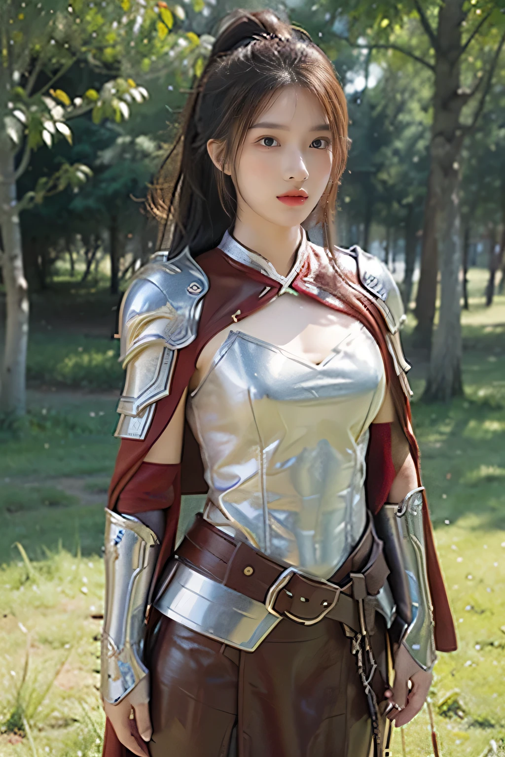 masterpiece,Best quality,A high resolution,8K,Original photo,real photo,Ancient city wall battlefield background,((field:1.8)),digital photography,(Female generals on the battlefield in the Han Dynasty),(((standing on the grass))),18-year-old girl,(long ponytail hairstyle),cparted lips,Full and erect breasts,Noble and charming,Elegant and serious,(Thick golden armor),Long red cape,The combination of white metal and red leather,chest metal armor,metallic luster,Leather buckle,Exquisite pattern,mysterious badge,Cool and gorgeouig breasts)),Chest groove,Three Kingdoms character painting style,Photo pose,oc render reflection texture,bright shades,No shadows on the face,Head-up shot,
