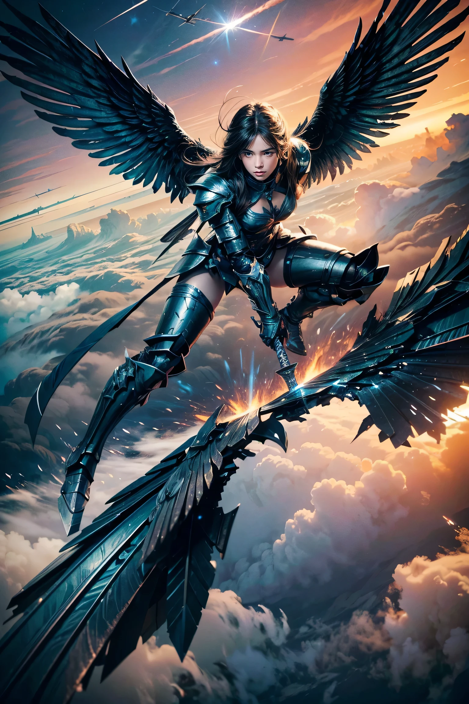 ((high-angle))), ((angel of war flying over blue-green planet)), angel is an omen of war and apocalypse, angel has white skin and jet black hair, angel flies with sword held forward ready for battle, serious and ready for battle expression, dressed in black highly detailed armor with visions, (((dynamic war pose))), atmospheric layer of big planet is visible in the background, eyes have sharp gaze, angel is ready for big battle, biggest majestic wings, precisionist lines, cinematic, dark fantasy, ultra details, ultra highres.photorealistic:. 1.4, (((UHD))), full body shot, (((amazing armor details))), (((prefect face details))), (((perfect black wings)))