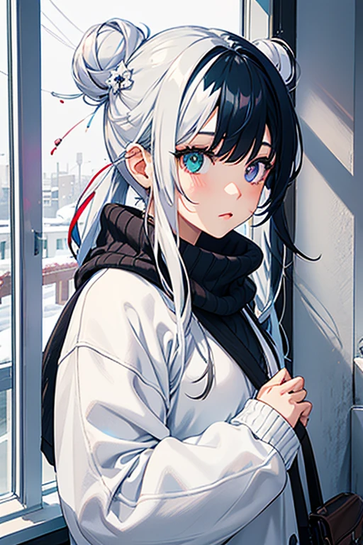 1 girl watching snow fall throught window, long white hair, colored inner black hair, sweater, two tone hair, heterochromia, right eye blue, left eye purple, fluf hair,cyan hair ornaments, 2 white hair buns
