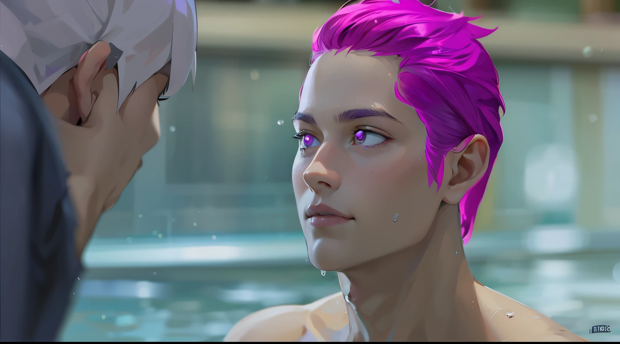 There is a 15-year-old London boy in the pool, he has violet eyes, violet hair.