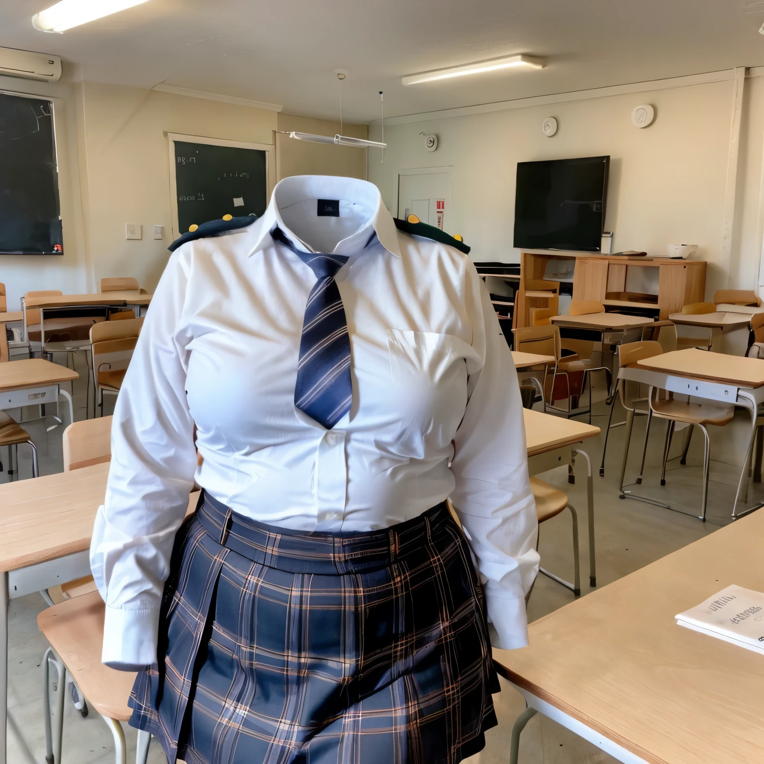 school uniform in Classroom, blazer, stripe tie, plaid skirt, chubby, fat, (invisible, no humans, headless, faceless:1.5), cute big breasts