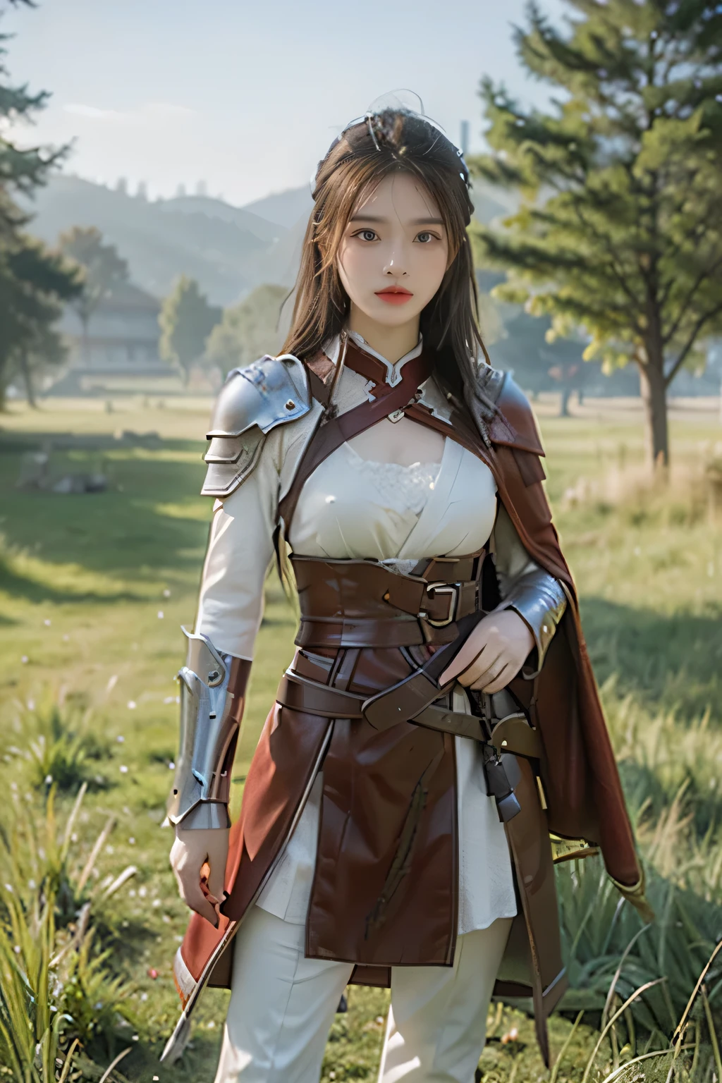 masterpiece,Best quality,A high resolution,8K,Original photo,real photo,Ancient city wall battlefield background,((field:1.8)),digital photography,(Female generals on the battlefield in the Han Dynasty),(((standing on the grass))),18-year-old girl,(long ponytail hairstyle),cparted lips,Full and erect breasts,Noble and charming,Elegant and serious,(metall armour),red cloak,The combination of white metal and red leather,胸部metall armour,metallic luster,Leather buckle,Exquisite pattern,mysterious badge,Cool and gorgeouig breasts)),Chest groove,Three Kingdoms character painting style,Photo pose,oc render reflection texture,bright shades,No shadows on the face,Head-up shot,