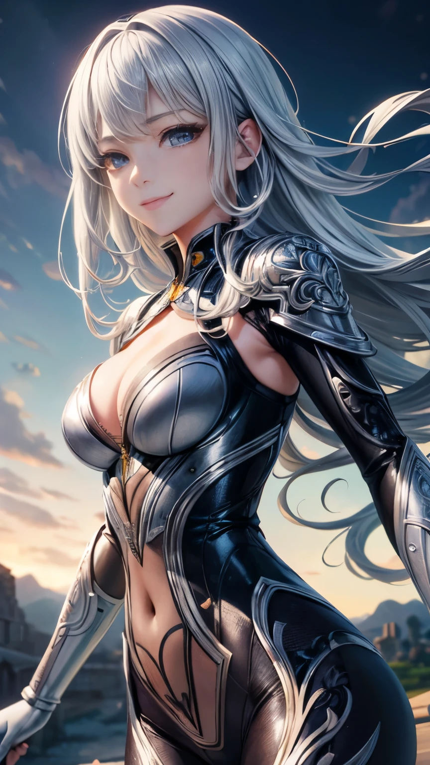 ((top quality)),(Super high resolution),(super detailed),(detailed description),((best anime)),(best work of art),(super precision art),Intricate and detailed science fiction art, tight suit:1.5, cleavage、beautiful eyes、3D rendering、smile、silver hair