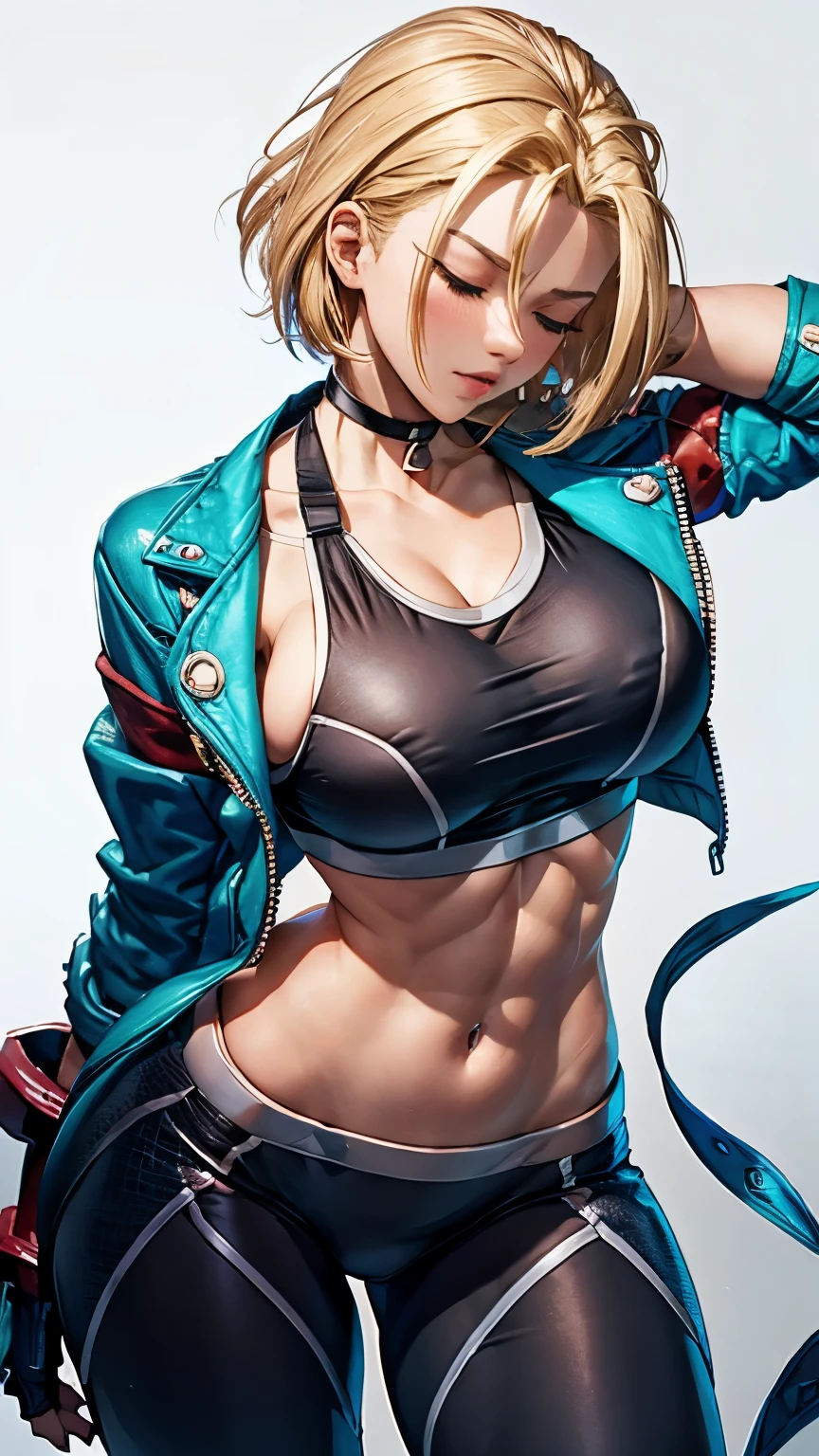 (obra de arte), (melhor qualidade), (ultra detalhado),(cabelo desgrenhado),(ilustração), 1girls, abs, antenna hair, belt, black choker, blonde hair, blue jacket, blush, breasts, choker, clenched hand, closed eyes, closed mouth, clothes pull, collarbone, cropped jacket, fingerless gloves, gloves, gradient background, groin, hand up, heavy breathing, jacket, jacket partially removed, large breasts, lips, navel, no panties, pants, pants pull, parted lips, pendant choker, pulled by self, red gloves, short hair, sleeves past elbows, solo, sports bra, thighs, tight, tight pants, white background, zipper