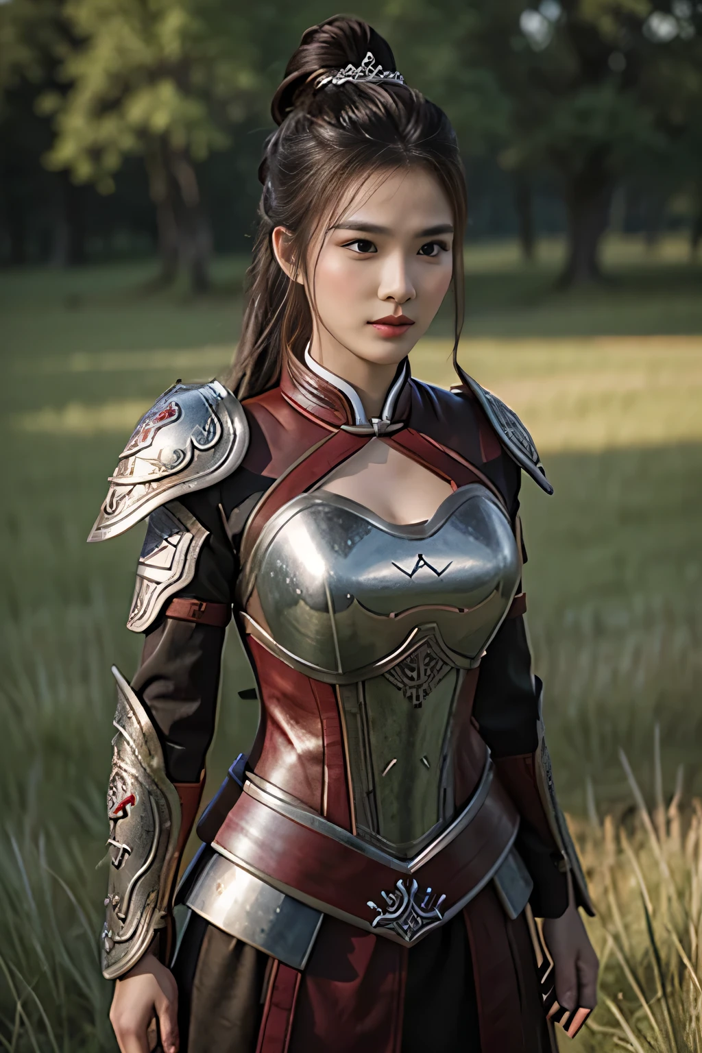 masterpiece,Best quality,A high resolution,8K,Original photo,real photo,Ancient city wall battlefield background,((field:1.8)),digital photography,(Female generals on the battlefield in the Han Dynasty),(((standing on the grass))),18-year-old girl,(long ponytail hairstyle),cparted lips,Full and erect breasts,Noble and charming,Elegant and serious,(metall armour),The combination of white metal and red leather,胸部metall armour,metallic luster,Leather buckle,Exquisite pattern,mysterious badge,Cool and gorgeouig breasts)),Chest groove,Three Kingdoms character painting style,Photo pose,oc render reflection texture,bright shades,No shadows on the face,Head-up shot,