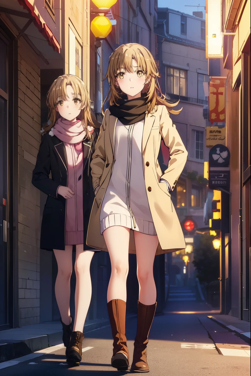 irohaisshiki, Isshiki Iroha, long hair, brown hair, (brown eyes:1.5), smile,blush,yellow long coat,sweater,red muffler,Ankle-length long black skirt,black tights,short boots,winter,It's snowing,
break outdoors, In town,building street,
break looking at viewer,
break (masterpiece:1.2), highest quality, High resolution, unity 8k wallpaper, (figure:0.8), (beautiful and fine eyes:1.6), highly detailed face, perfect lighting, Very detailed CG, (perfect hands, perfect ???????),
