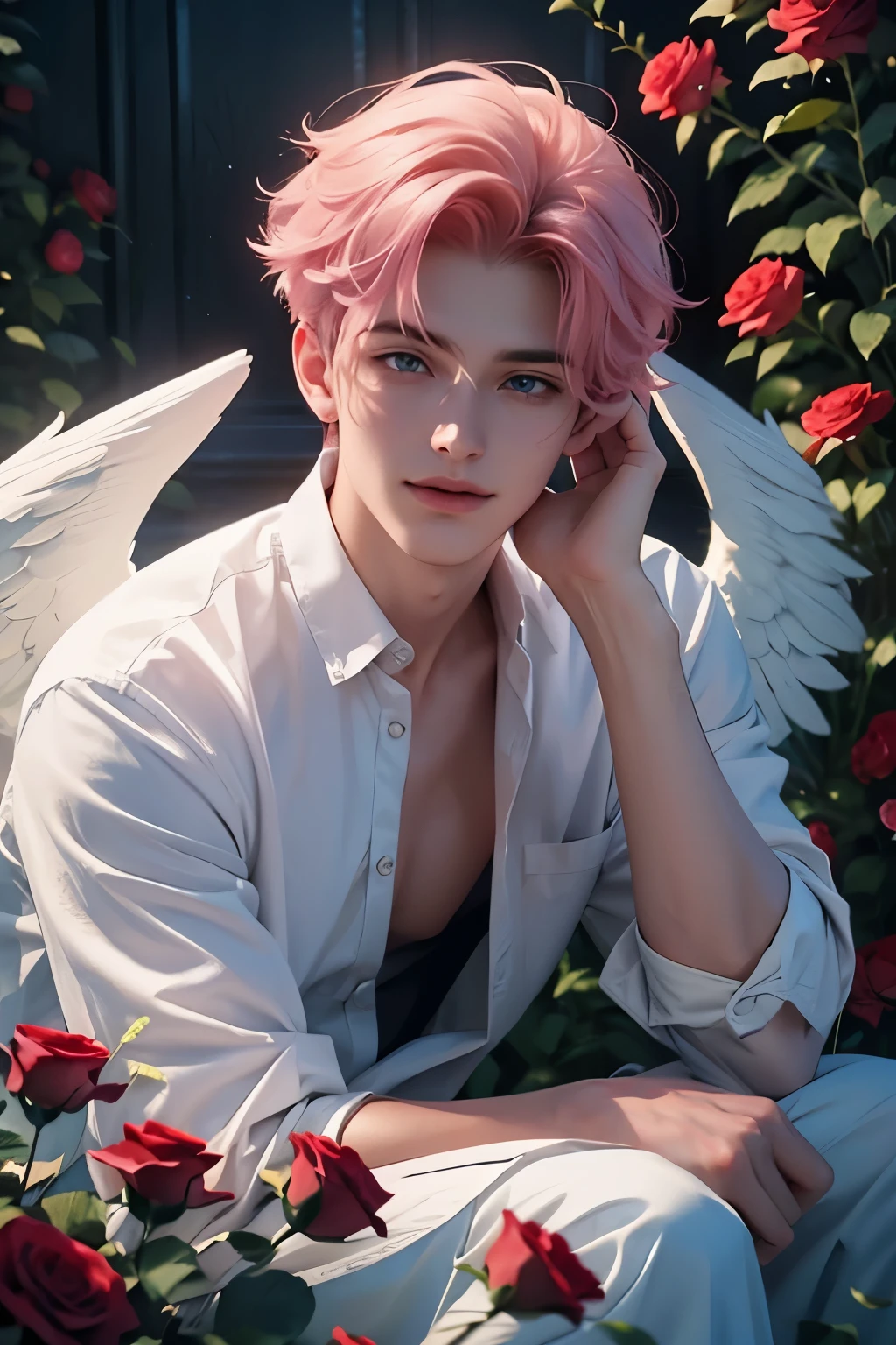 ((Best quality)), ((masterpiece)), (detailed), ((perfect face)), ((halfbody)) perfect proporcions, He is a handsome boy, 18 years old, he is cute, he has short pink hair, He is an angel, he is adorable, he has big blue eyes, he has angel wings, he smiles at the camera, there is a pink sky behind him, he wears white, red roses, he is sitting in a field of flowers, ((perfect face)) fullbody+ vampire ambience 