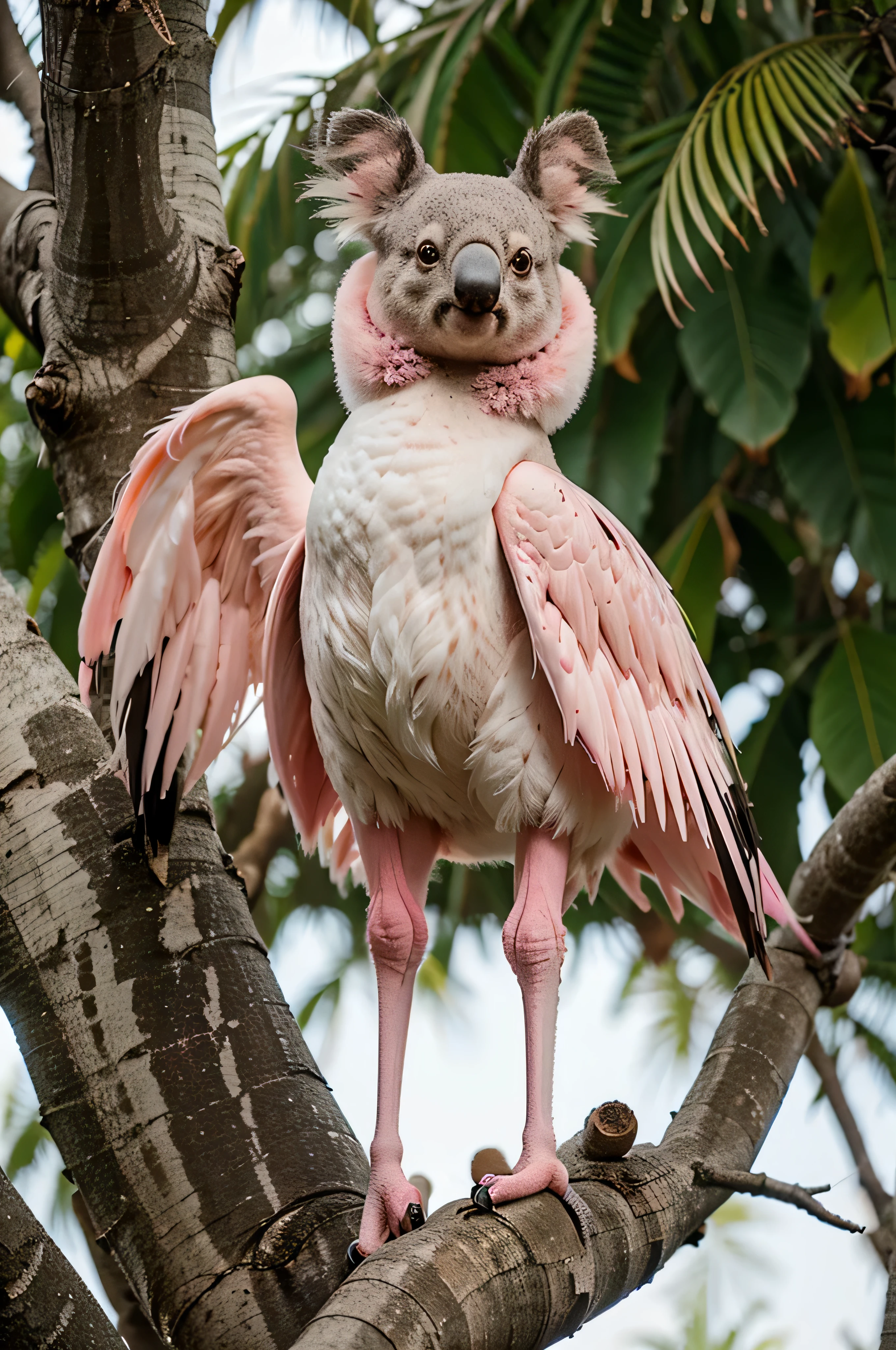 Por favor, create an image of a new hybrid animal, combining the features of a koala and a flamingo. This animal must maintain the soft coat and adorable appearance of a koala, but with the addition of a flamingo's long neck and vibrantly colored feathers. The hybrid must be portrayed in a calm manner, pose elegante, perhaps standing on one leg or in a quiet position in a tree. Por favor, highlight the unique combination of colors and textures, mostrando como a pelagem macia do coala se mescla suavemente com as penas exuberantes do flamingo. The image should evoke a sense of surprise and delight with this unusual fusion of animal features....