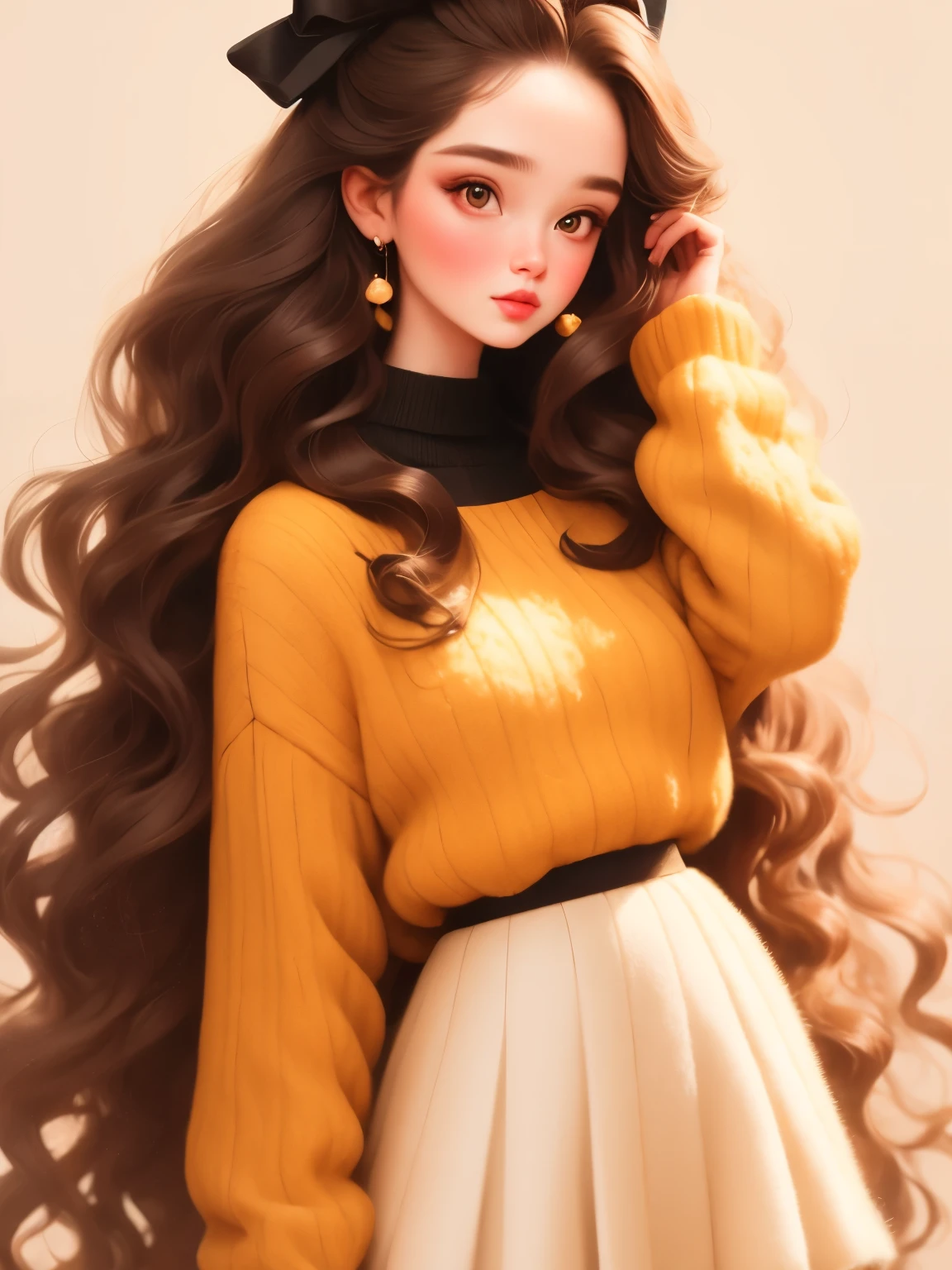 (masterpiece, best quality:1.2),a beautiful girl,Skin detail processing,The eyes are very detailed,fine hair,wavy long hair,light hair,Wear a large bow on your head,Black Sweater,White,skirt,Retro contrasting colors,clean background