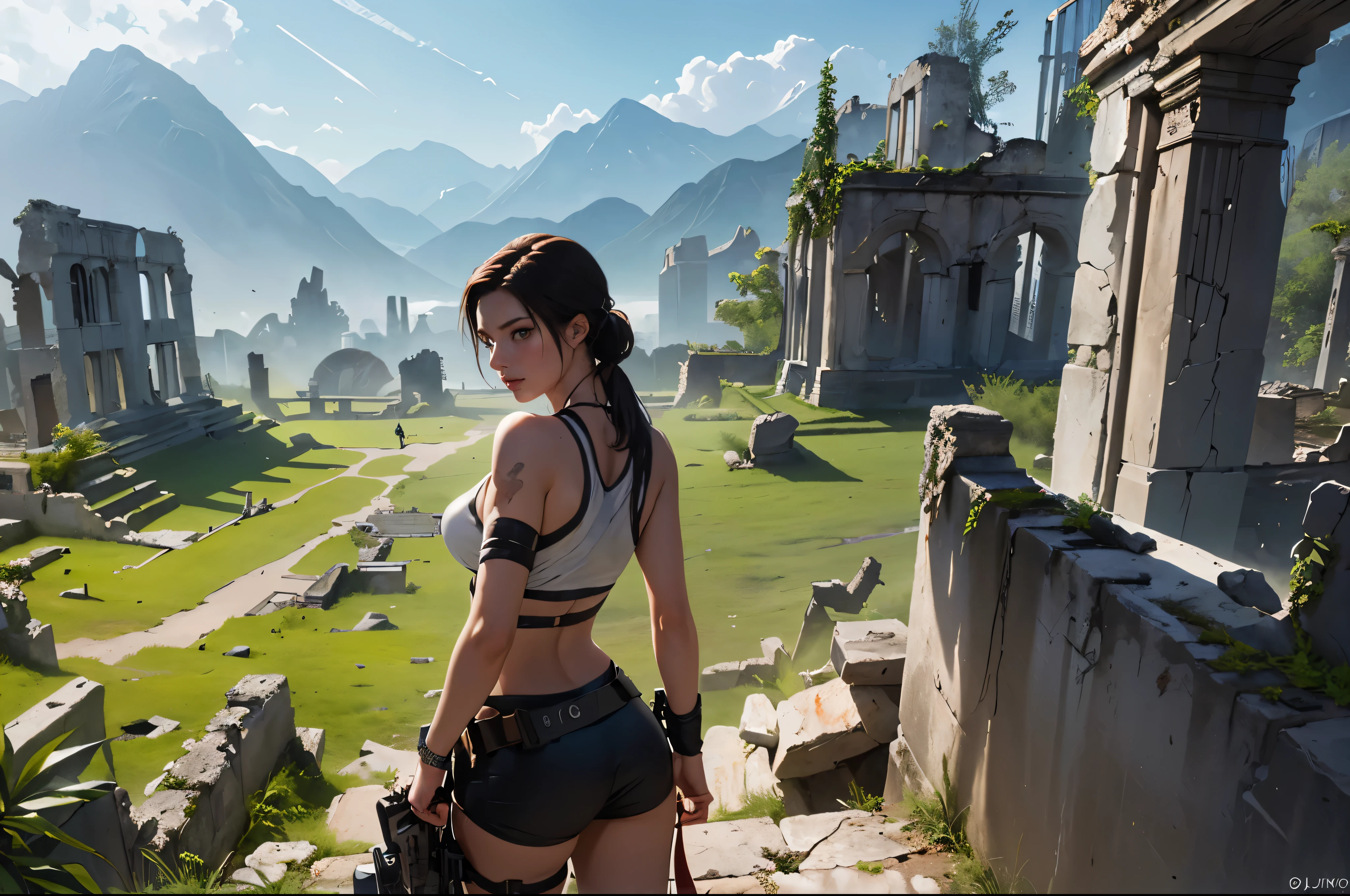 (((Landscape of the ruins of ancient civilizations))), Standing in the distance was a beautiful young explorer girl., ((Wear the Tomb Raider outfit.))
