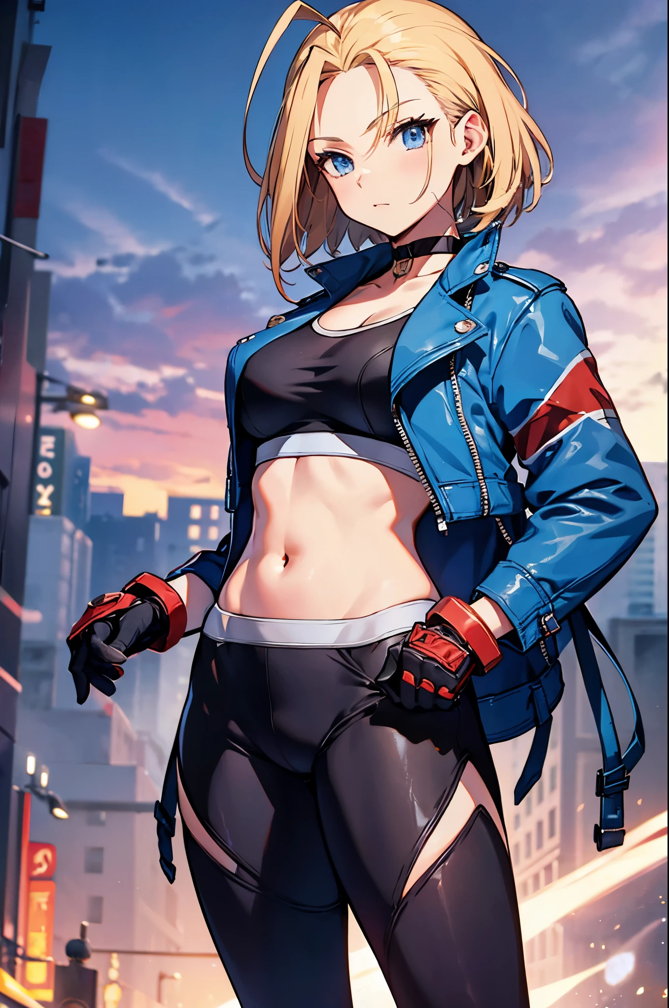 (masterpiece), best quality, expressive eyes, perfect face, highres, 1girl, solo, cammy white, short hair, antenna hair, blue eyes, scar on cheek, large breasts, black choker, collarbone, blue jacket, cropped jacket, open jacket, sports bra, midriff, fingerless gloves, black gloves, black pants, hands to hips, slight smiles, fantastic, magical background, standing, portrait, looking at the viewer,