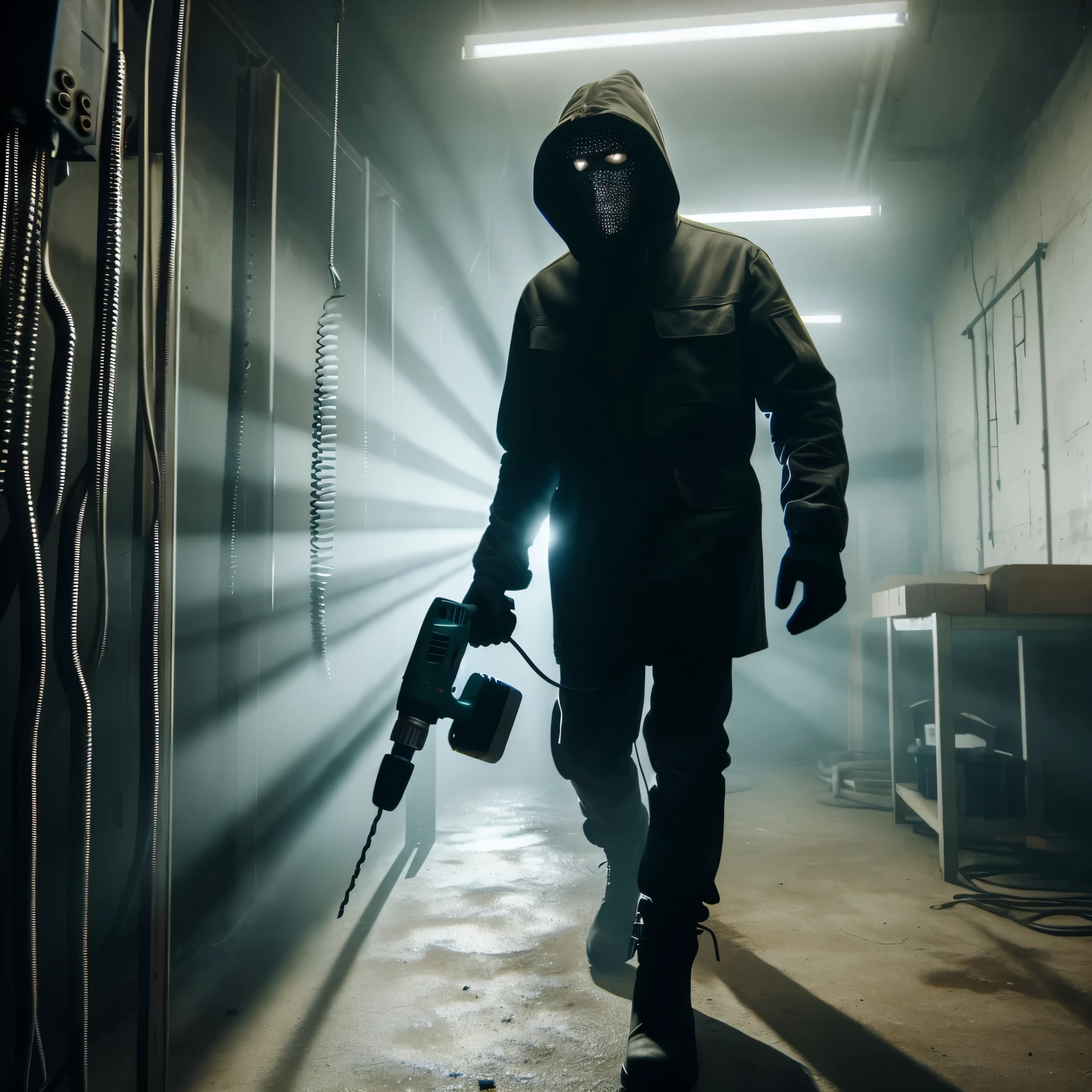 arafed man in a hooded jacket with a drill and a flashlight, gripping, masked person in corner, in an alleyway during the purge, dramatic sci-fi movie still, tech noir, unreal engine. film still, bank robbery movies, by Jesper Knudsen, cinematic gritty lighting, shadowy informant, impending doom in an alleyway