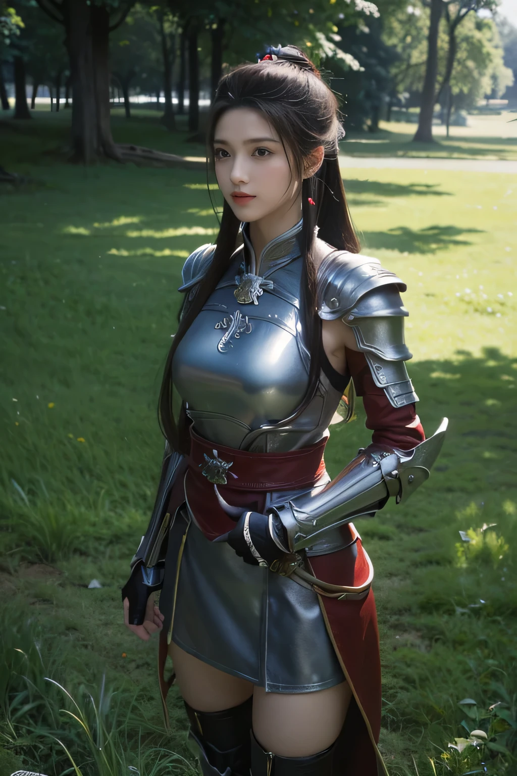 masterpiece,Best quality,A high resolution,8K,Original photo,real photo,Ancient city wall battlefield background,((field:1.8)),digital photography,(Female generals on the battlefield in the Han Dynasty),(((standing on the grass))),18-year-old girl,(long ponytail hairstyle),cparted lips,Full and erect breasts,Noble and charming,Elegant and serious,(silver armor),The combination of white metal and red leather,chest metal armor,metallic luster,Leather buckle,Exquisite pattern,mysterious badge,Cool and gorgeouig breasts)),Chest groove,Three Kingdoms character painting style,Photo pose,oc render reflection texture,bright shades,No shadows on the face,Head-up shot,Bright afternoon