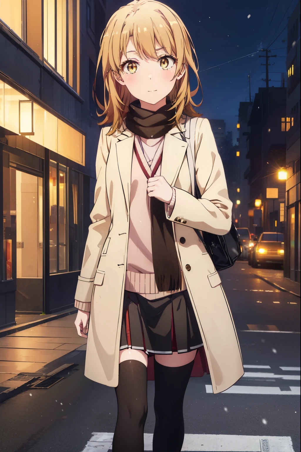 irohaisshiki, Isshiki Iroha, long hair, brown hair, (brown eyes:1.5), smile,blush,yellow long coat,sweater,red muffler,Ankle-length long black skirt,black tights,short boots,winter,It's snowing,
break outdoors, In town,building street,
break looking at viewer,
break (masterpiece:1.2), highest quality, High resolution, unity 8k wallpaper, (figure:0.8), (beautiful and fine eyes:1.6), highly detailed face, perfect lighting, Very detailed CG, (perfect hands, perfect anatomy),