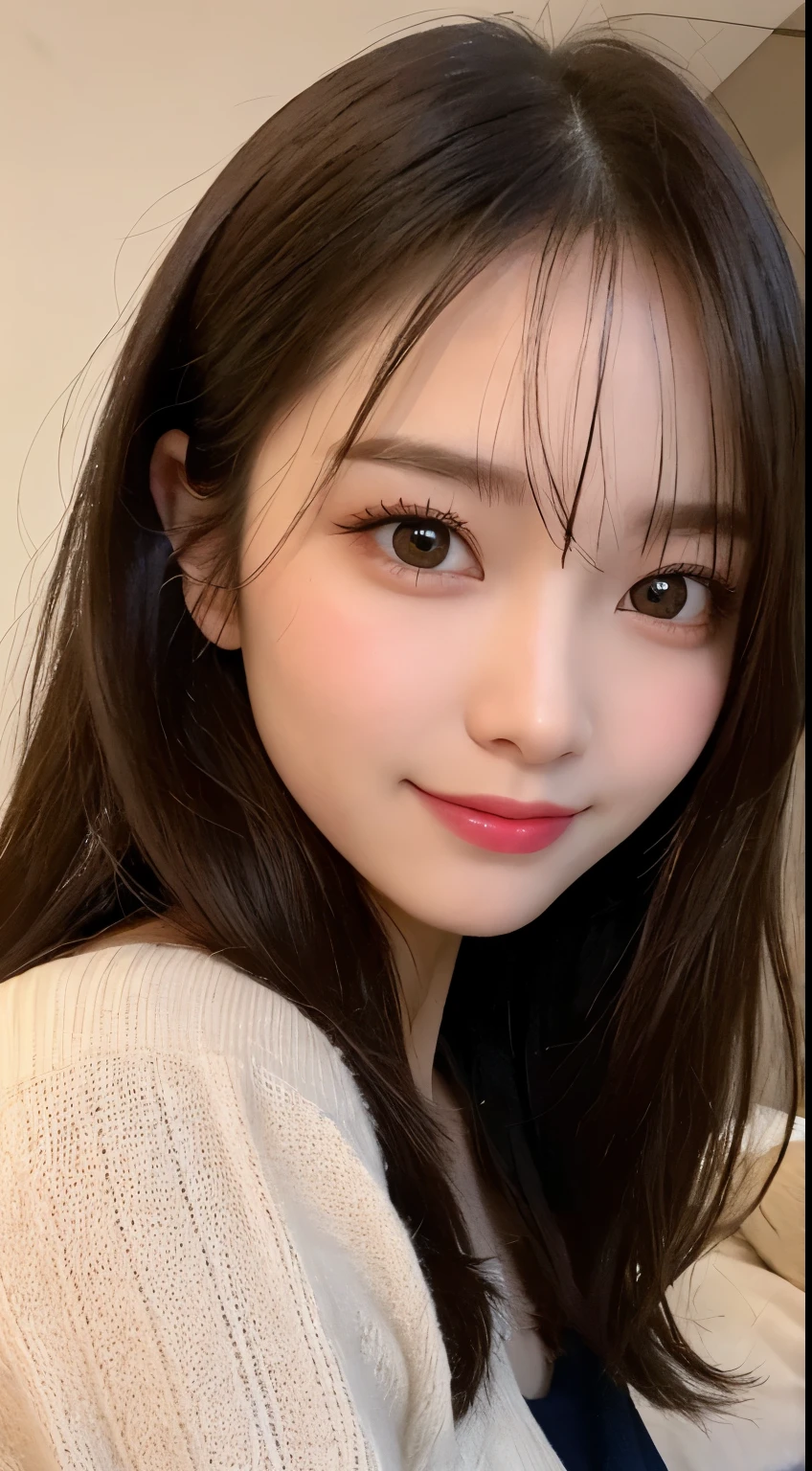 table top, highest quality, shape, Super detailed, finely, High resolution, 8k wallpaper, 完璧なダイナミックな構shape, beautiful and detailed eyes, Tokyo trend knit dress, small breasts, natural color lip,gentle smile,20 year old girl、beautiful and detailed face、perfect and beautiful face,Big eyes、beautiful detailed face、perfect and beautiful double eyelids、blur the background、perfect and beautiful face、Feminine poses、blur background、slim face and style、blur background、straight hair、Wear a luxurious mink coat、Bedroom(navy sheets)、lying in bed、Smile、Take a close-up photo of your face