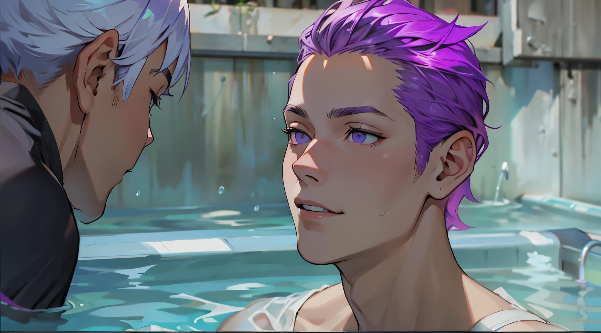 There is a boy coming out of the pool, violet eyes, violet hair, he is cute, a boy, he is looking with pleasure at someone.