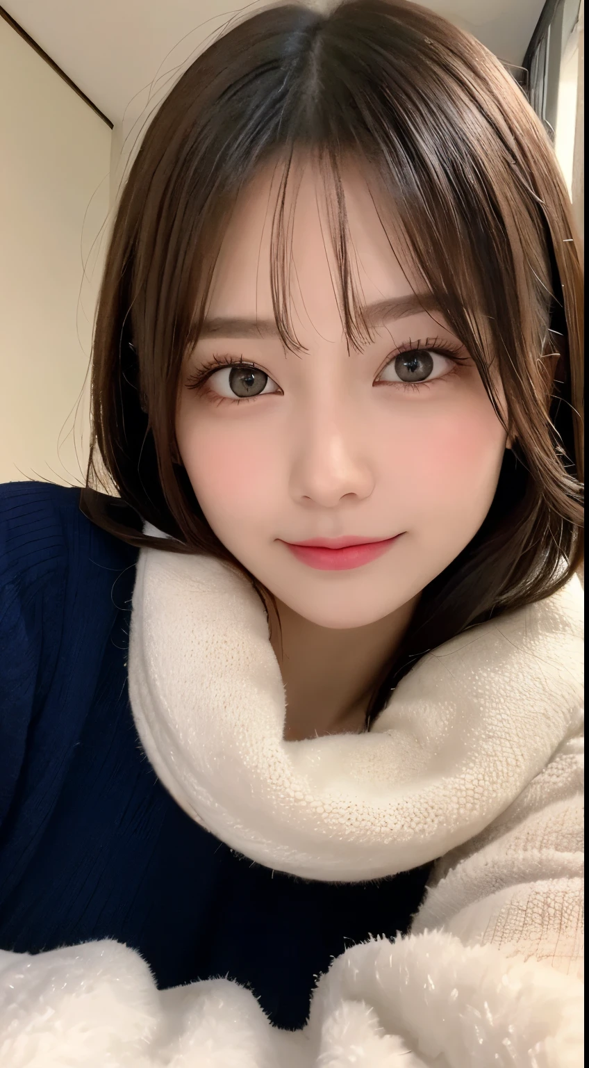 table top, highest quality, shape, Super detailed, finely, High resolution, 8k wallpaper, 完璧なダイナミックな構shape, beautiful and detailed eyes, Tokyo trend knit dress, small breasts, natural color lip,gentle smile,20 year old girl、beautiful and detailed face、perfect and beautiful face,Big eyes、beautiful detailed face、perfect and beautiful double eyelids、blur the background、perfect and beautiful face、Feminine poses、blur background、slim face and style、blur background、straight hair、Wear a luxurious mink coat、Bedroom（navy sheets）、lying in bed、Smile、Take a close-up photo of your face