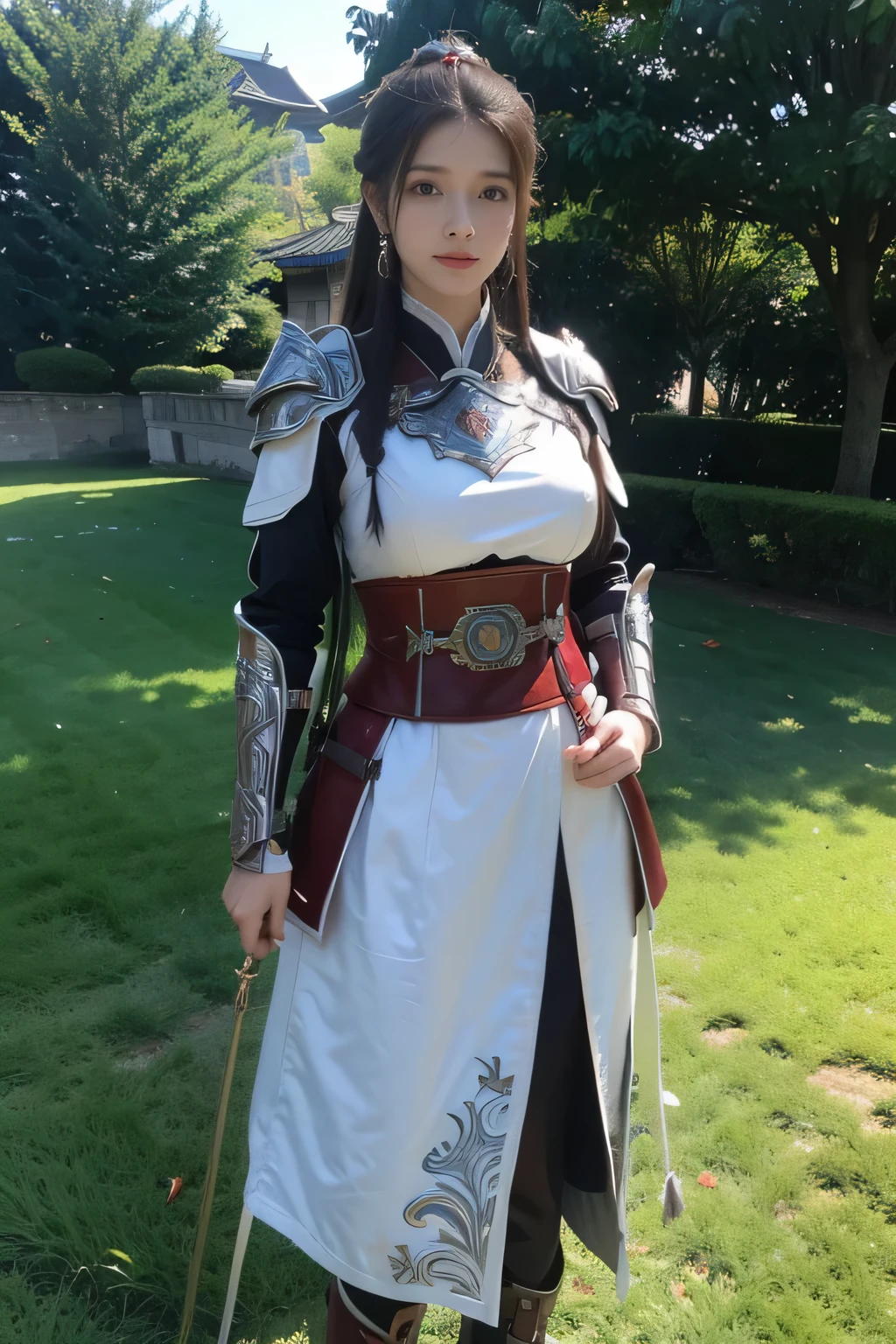 masterpiece,Best quality,A high resolution,8K,Original photo,real photo,city wall background,((field:1.8)),digital photography,(Female generals on the battlefield in the Han Dynasty),(((standing on the grass))),18-year-old girl,(long ponytail hairstyle),cparted lips,Full and erect breasts,Noble and charming,Elegant and serious,(silver armor),The combination of white metal and red leather,chest metal armor,metallic luster,Leather buckle,Exquisite pattern,mysterious badge,Cool and gorgeouig breasts)),Chest groove,Three Kingdoms character painting style,Photo pose,oc render reflection texture,bright shades,No shadows on the face,looking into camera,Bright afternoon
