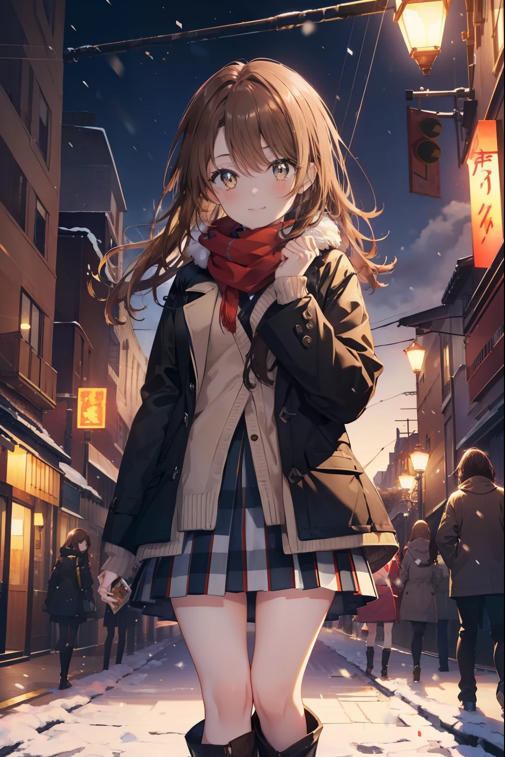 irohaisshiki, Isshiki Iroha, long hair, brown hair, (brown eyes:1.5), smile,blush,yellow long coat,sweater,red muffler,Ankle-length long black skirt,black tights,short boots,winter,It&#39;s snowing,
break outdoors, In town,building street,
break looking at viewer,
break (masterpiece:1.2), highest quality, High resolution, unity 8k wallpaper, (figure:0.8), (beautiful and fine eyes:1.6), highly detailed face, perfect lighting, Very detailed CG, (perfect hands, perfect anatomy),