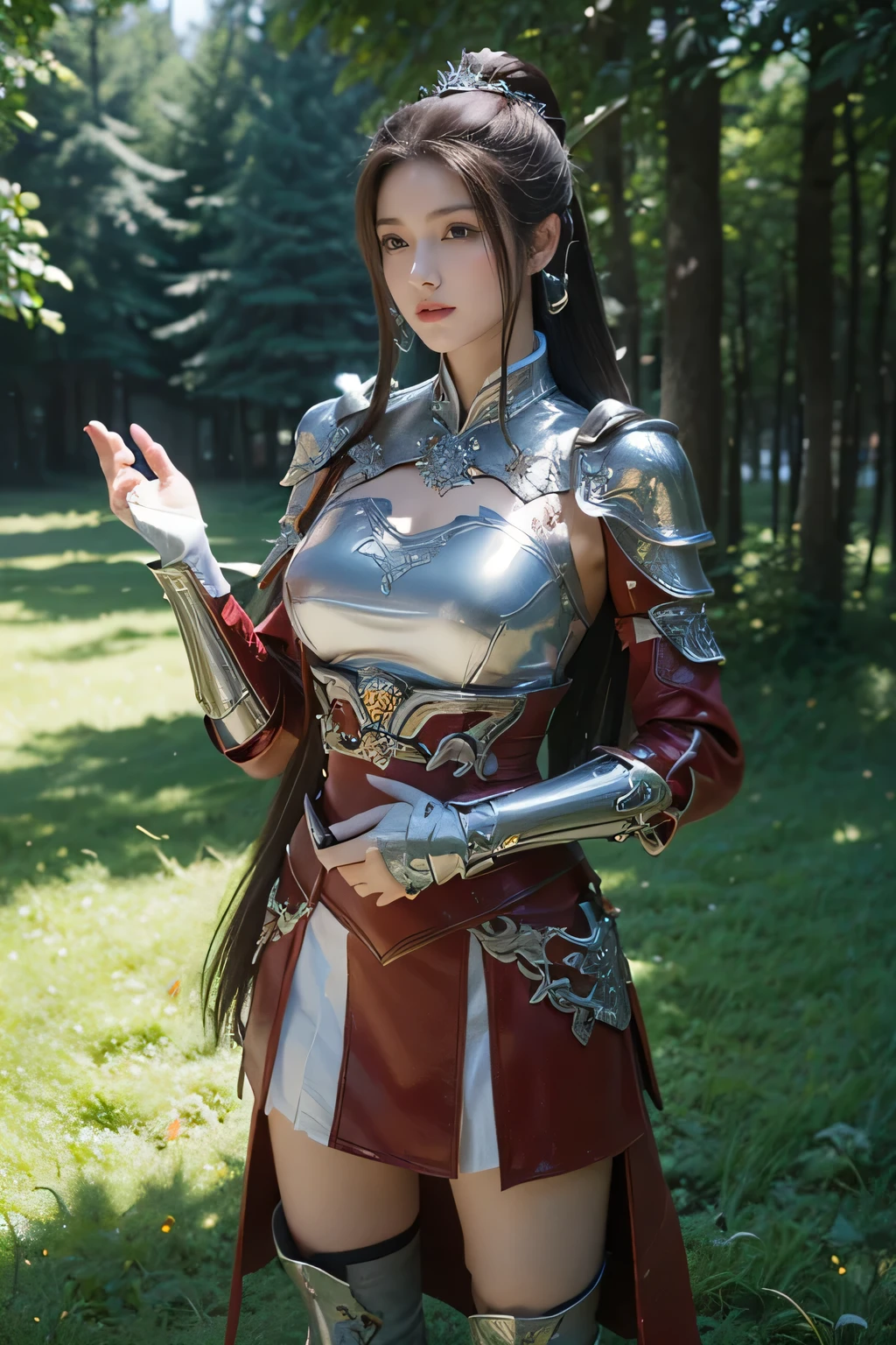 masterpiece，Best quality，A high resolution，8K，Original photo，real photo，forest background,((field：1.8))，digital photography，(Female generals on the battlefield in the Han Dynasty)，(((standing on the grass)))，18-year-old girl，（long ponytail hairstyle)，cparted lips，Full and erect breasts，Noble and charming，Elegant and serious，(silver armor），The combination of white metal and red leather，chest metal armor，metallic luster，Leather buckle，Exquisite pattern，mysterious badge，Cool and gorgeouig breasts))，Chest groove，Three Kingdoms character painting style，Photo pose，oc render reflection texture，bright shades，looking into camera，Bright afternoon