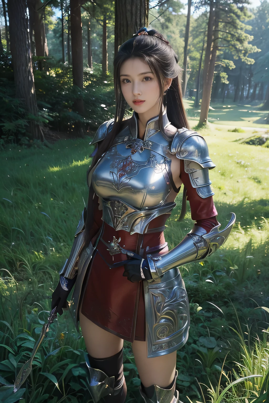 masterpiece，Best quality，A high resolution，8K，Original photo，real photo，forest background,((field：1.8))，digital photography，(Female generals on the battlefield in the Han Dynasty)，(((standing on the grass)))，18-year-old girl，（long ponytail hairstyle)，cparted lips，Full and erect breasts，Noble and charming，Elegant and serious，(silver armor），The combination of white metal and red leather，chest metal armor，metallic luster，Leather buckle，Exquisite pattern，mysterious badge，Cool and gorgeouig breasts))，Chest groove，Three Kingdoms character painting style，Photo pose，oc render reflection texture，bright shades，looking into camera，Bright afternoon