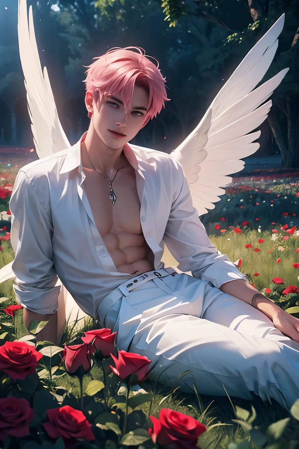 ((Best quality)), ((masterpiece)), (detailed), ((perfect face)), ((halfbody)) perfect proporcions, He is a handsome boy, 18 years old, he is cute, he has short pink hair, He is an angel, he is adorable, he has big blue eyes, he has angel wings, he smiles at the camera, there is a pink sky behind him, he has fantasy angel clothes, , red roses, he is sitting in a field of flowers, ((perfect face)) fullbody+ vampire ambience