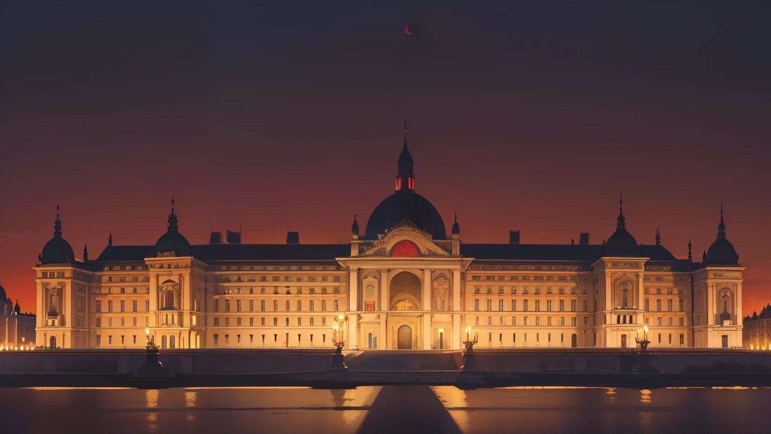 (masterpiece), (best quality), (ultra-detailed), (best illustration), (best shadow), entrance of a European palace, color of the palace dark red, city, tall buildings around (very red night sky)