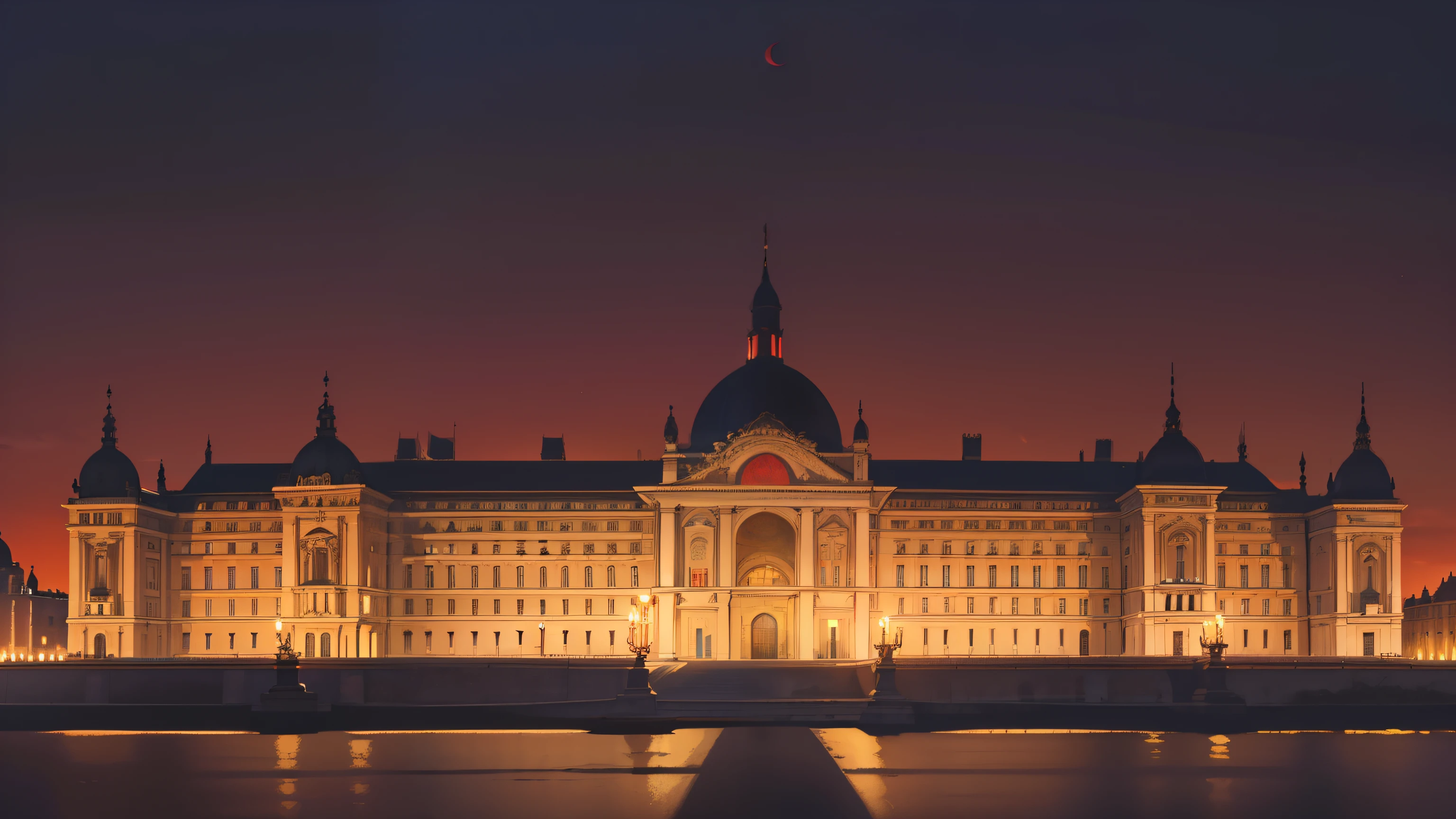 (obra de arte), (melhor qualidade), (ultra-detalhado), (best illustration), (melhor sombra), entrance to a European palace, dark red palace color, CIDADE, tall buildings around (very red night sky)