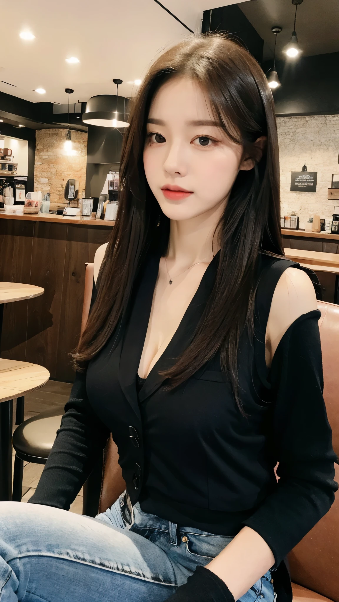 (actual, high resolution:1.2), 1 girl, The face shape and eyes are super delicate, long hair, Black tight vest with black jacket, short jeans, sitting on coffee chair, in a cafe, coffee on the table, big breasts