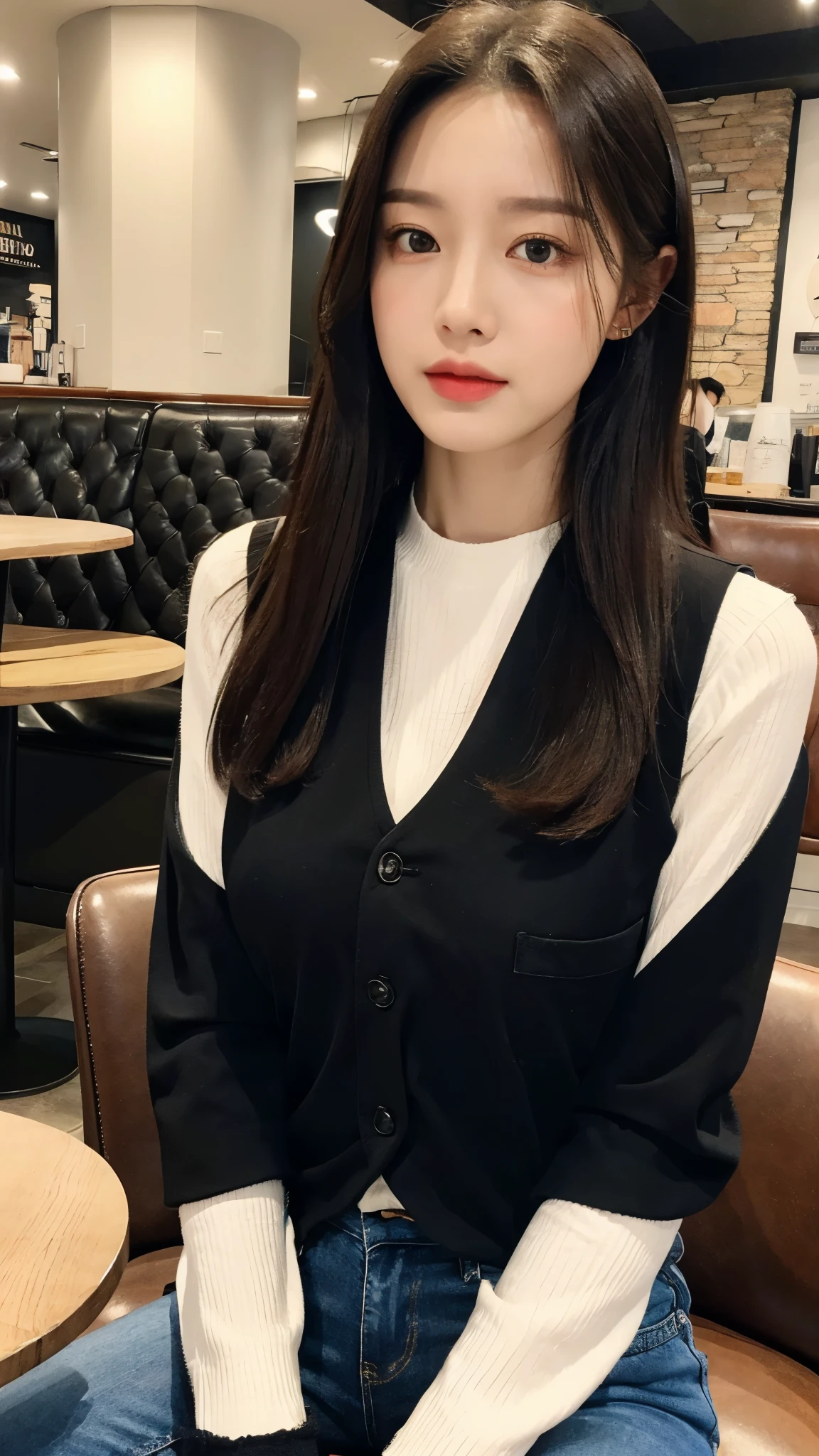 (actual, high resolution:1.2), 1 girl, The face shape and eyes are super delicate, long hair, Black tight vest with black jacket, short jeans, sitting on coffee chair, in a cafe, coffee on the table, big breasts