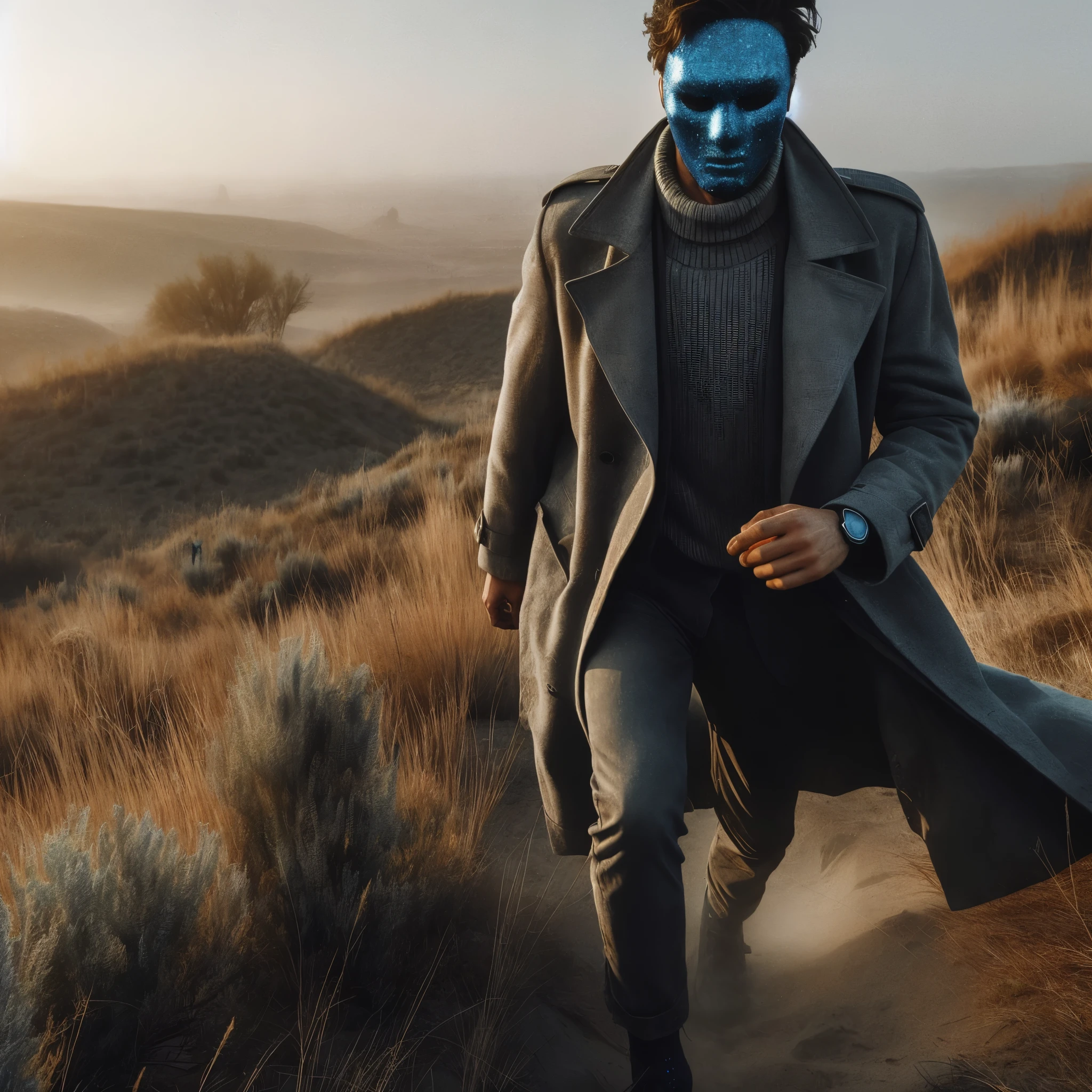 arafed man in a blue mask walking on a hill, mysterious man, blue face unreal engine, film still from movie dune-2021, glowing blue face, in the 2 0 2 1 movie dune, dramatic cinematic action shot, cyborg fashion shot, film still from dune 2020, blade runner 2049 style, reminiscent of blade runner